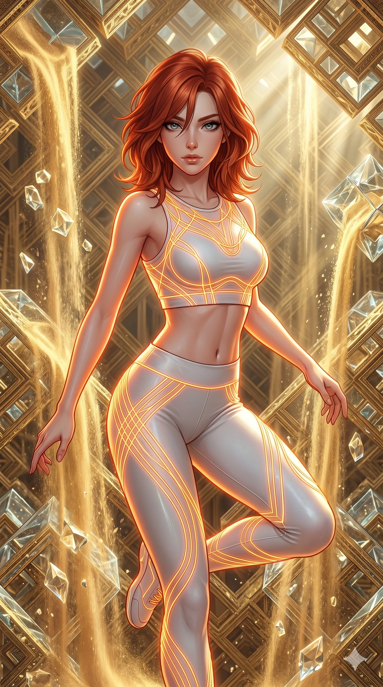 score_9, masterpiece, best quality, ultra-detailed, high-budget anime keyframe, Japanese woman. upper body close-up from the thighs up, character filling the screen for maximum presence. descending through a fractal quicksand temple where golden sand waterfalls transform into glass crystals, artistic intricate repeating patterns. She has an absolutely perfect 8-heads proportion, an exceptionally tall and slender female figure with impossibly long slender legs and an ultra-slim waist. V-shaped jawline, high-bridge nose, intricate jewel-like eyes with depth, thick eyelashes, glossy lips with a natural sheen.. wearing a neon filament athleisure set, featuring a fitted white crop top and matching leggings woven with glowing orange neon filaments, highlighting her slender body contour. bathed in brilliant cinematic volumetric lighting and intense neon rim light highlighting her slender form. 2k, ultra detail, master piece, 9:16 ratio