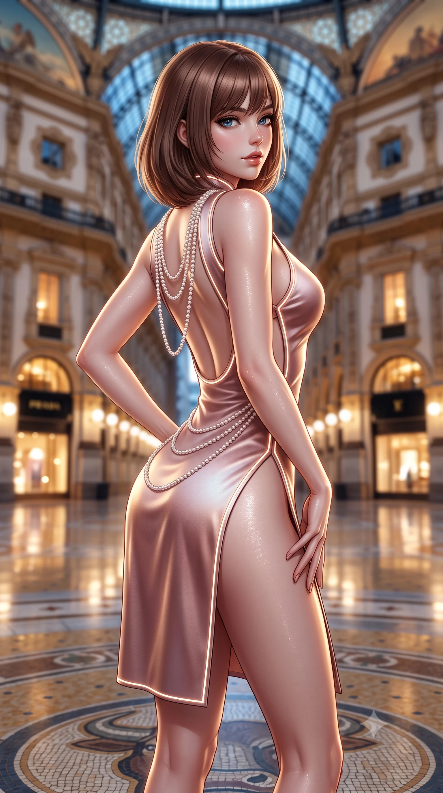 score_9, masterpiece, best quality, ultra-detailed, high-budget anime keyframe, semi-realistic 3D game render, editorial fashion photography, tasteful artistic composition, Caucasian woman. close-up cowboy shot from the waist and thighs up, the character dominates the composition, filling the frame with her large presence. arching her spine backward with effortless dancer poise, one hand sliding along her hip line as directional light carves specular highlights along her silhouette while pausing at the center of the famous mosaic bull floor with hips cocked back, glancing over a bare shoulder with an audacious, haute-couture smile. The composition keeps background elements in soft focus with creamy bokeh. monumental iron-and-glass vaulted ceiling and illuminated luxury boutique windows blurred into warm champagne, sapphire, and gold bokeh. She has an exceptionally elegant, slender, and willowy female figure with an ultra-slim waist, flat toned midriff, narrow ribcage, and sculpted feminine hips creating an alluring, slim hourglass silhouette without bulk. sharp v-shaped jawline, high-bridge nose, intricate jewel-like eyes with depth, thick eyelashes, glossy parted lips with a natural sheen, intensely captivating and seductive bedroom-eyes expression, flawlessly proportioned anatomical accuracy, strict slender model proportions, natural body alignment, perfectly sculpted long slender limbs, ultra-slim waistline, clean dynamic posture without body distortion. wearing a modernized cyber-qipao mini dress with an ultra-high side slit ascending to the hip and glowing piping in dusky blush rose and champagne shimmer, tailored from ultra-smooth duchess satin with a pearlescent sheen, accented with a multi-strand pearl back necklace cascading down her bare spine to her hips, the precision-cut side openings and low-back scoop framing her graceful spine and the sensual sweep of her slim, toned hips. illuminated by polished marble floor specular bounce sharply defining her sculpted collarbones, ultra-slim waist, and curvy hips. highly saturated vibrant anime colors, detailed shading with soft gradients, rich glossy textures, high-contrast stereoscopic depth, volumetric dynamic lighting, master piece, 9:16 ratio