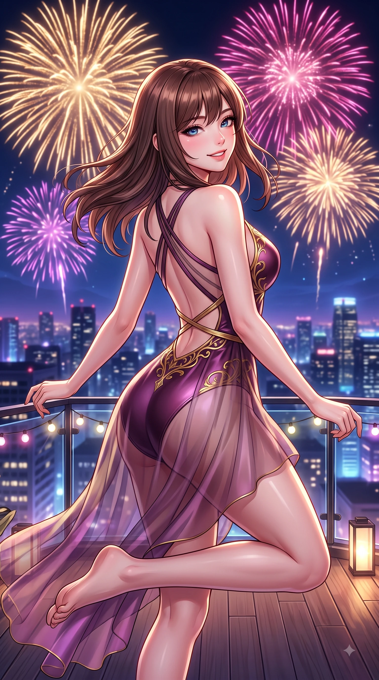 score_9, masterpiece, best quality, ultra-detailed, high-budget anime keyframe, editorial fashion photography, tasteful artistic composition, Korean woman. close-up cowboy shot from the waist and thighs up, the character dominates the composition, filling the frame with her large presence, background elements kept in soft focus. Warm delightful smile while casting a playful, joyful side-gaze with heavy lashes and a glowing expression while leaping joyfully on a high-rise penthouse rooftop deck under a sky of festive fireworks, spectacular golden and magenta fireworks bursting in the background night skyline. She has an exceptionally elegant, slender, and willowy female figure with an ultra-slim waist, a gracefully sculpted slender torso, and a refined silhouette. sharp v-shaped jawline, high-bridge nose, intricate jewel-like eyes with depth, thick eyelashes, glossy lips with a natural sheen, flawlessly proportioned anatomical accuracy, natural body alignment, perfectly sculpted elegant limbs, clean dynamic posture without body distortion. wearing a semi-opaque sheer overlay dress over a leather micro-bodysuit in plum purple and gold filigree, crafted from lustrous satin jersey with fluid draping, complemented by criss-cross back straps highlighting her bare shoulders, the tailored fabric tightly following every curve of her athletic build. surrounded by an electric, joyful party atmosphere with high specular shine. highly saturated vibrant anime colors, detailed shading with soft gradients, rich glossy textures, high-contrast stereoscopic depth, volumetric dynamic lighting, master piece, 9:16 ratio