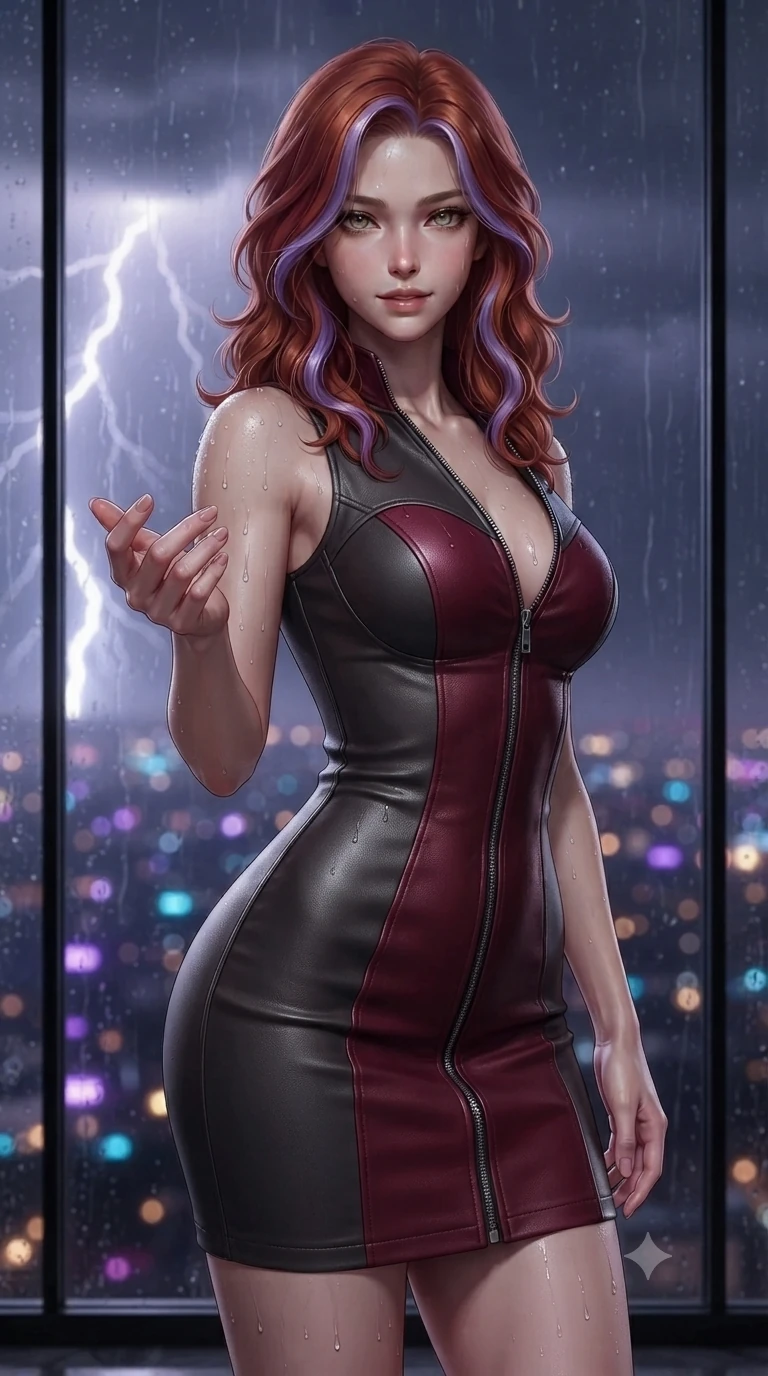 score_9, masterpiece, best quality, ultra-detailed, high-budget anime keyframe, editorial fashion photography, tasteful artistic composition, Caucasian woman. close-up cowboy shot from the waist and thighs up, the character dominates the composition, filling the frame with her large presence. reaching one hand toward the viewer with relaxed dark elegance, her sculpted waistline catching specular highlights while standing tall against the floor-to-ceiling panoramic glass as lightning flashes across the city horizon, arching her lower back with sovereign poise. The background shows a soft-focus rain-streaked panoramic glass panels, distant lightning bolts over the city horizon, and endless sea of night lights blurred into violet, electric blue, and gold bokeh. She has an exceptionally elegant, slender, and willowy female figure with an ultra-slim waist, flat toned midriff, narrow ribcage, and sculpted feminine hips creating an alluring, slim hourglass silhouette without bulk. sharp v-shaped jawline, high-bridge nose, intricate jewel-like dark sparkling eyes with hypnotic seductive depth, thick curled eyelashes, glossy parted lips with a natural wine sheen, alluring bedroom-eyes with an enigmatic smoldering smile, exuding magnetic sovereign charisma and dark avant-garde glamour, flawlessly proportioned anatomical accuracy, strict slender model proportions, natural body alignment, perfectly sculpted long slender limbs, ultra-slim waistline, clean dynamic posture without body distortion. wearing a glove-like stretch lambskin leather corset dress with double-ended front zipper in deep crimson burgundy and matte charcoal, woven from bespoke high-density barathea wool with refined ceremonial hold, finished with glistening moisture droplets beading across her sculpted shoulders and flat midriff, the glove-like silhouette tightly following the natural contour of her hips and long slender legs with youthful 8.5-heads elegance. bathed in the dramatic flash of distant lightning contrasting with warm ambient cocktail candlelight. ultra-reflective glossy finish, specular highlights, metallic sheen, high-contrast stereoscopic depth, volumetric dynamic lighting, 2k, ultra detail, master piece, 9:16 ratio
