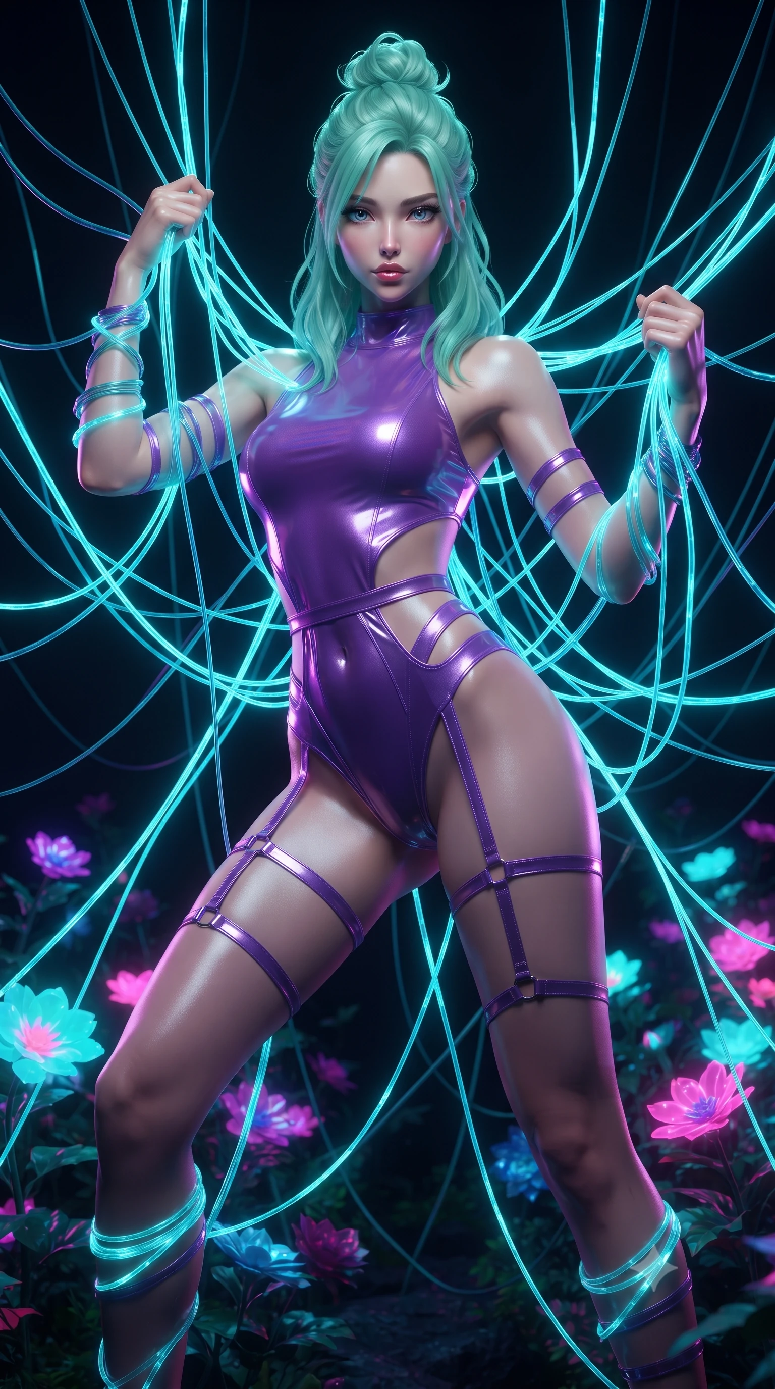 score_9, masterpiece, best quality, ultra-detailed, High-budget Anime Keyframe, editorial fashion photography, tasteful artistic composition, realistic cosplay photography, East Asian woman. Low angle cowboy shot filling the entire 9:16 frame with her statuesque presence. Scenario 516: tangled in a web of glowing cyan fiber-optic cables inside a virtual garden where neon flowers bloom in the dark. Her presence is magnetic and overpowering in this high-budget cinematic scene. Outfit 516: a slim-fit neon violet shimmering chiffon bodysuit with strategic waist cut-outs and slender leg straps. The clothing is designed to emphasize her exceptionally tall and slender 8-heads proportion. 8-heads proportion, towering silhouette, ultra-slim waist. sharp v-shaped jawline, intricate jewel-like eyes with depth, thick eyelashes, glossy lips. ultra-reflective glossy finish, specular highlights, metallic sheen, high-contrast stereoscopic depth, volumetric dynamic lighting, 2k, ultra detail, master piece, 9:16 ratio