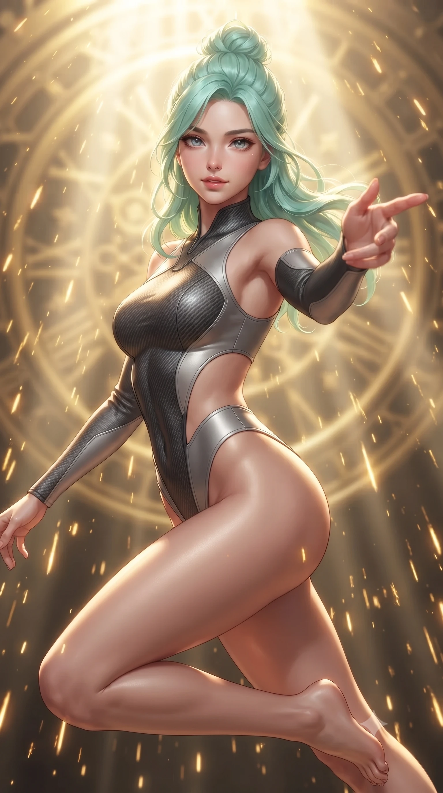 score_9, masterpiece, best quality, ultra-detailed, high-budget anime keyframe, editorial fashion photography, tasteful artistic composition, Japanese woman. close-up cowboy shot from the waist and thighs up, the character dominates the composition, filling the frame with her large presence, background elements kept in soft focus. Reaching her hand gracefully toward the camera with magnetic allure, her torso turning in a dynamic S-curve alignment while leaping through intense volumetric sunbeams filtering through a giant golden solar clockwork, blazing solar flare sparks falling like a golden shower around her statuesque figure. She has an exceptionally elegant, slender, and willowy female figure with an ultra-slim waist, a gracefully sculpted slender torso, and a refined silhouette. sharp v-shaped jawline, high-bridge nose, intricate jewel-like eyes with depth, thick eyelashes, glossy lips with a natural sheen, flawlessly proportioned anatomical accuracy, natural body alignment, perfectly sculpted elegant limbs, clean dynamic posture without body distortion. wearing an asymmetrical high-cut tech-bodysuit with detached sleeves in charcoal grey and platinum, made of fine carbon-fiber weave and soft matte leather, featuring clean architectural cutouts along her slender torso, the sleek second-skin texture accentuating her magnetic presence. surrounded by a brilliant solar aura with high-contrast metallic specular shine. ultra-reflective glossy finish, specular highlights, metallic sheen, high-contrast stereoscopic depth, volumetric dynamic lighting, 2k, ultra detail, master piece, 9:16 ratio