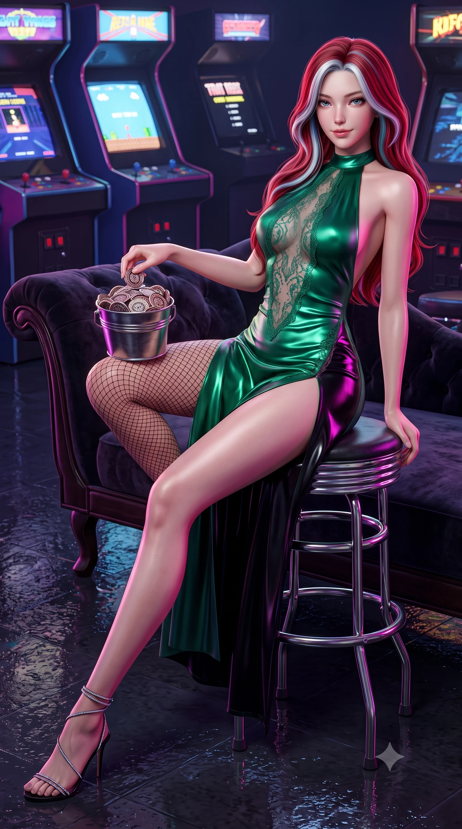 score_9, masterpiece, best quality, ultra-detailed, high-budget anime keyframe, semi-realistic 3D game render, editorial fashion photography, tasteful artistic composition, Caucasian woman. low angle full-body shot from head to toe showing her feet, filling the entire 9:16 vertical frame with her statuesque presence, stretching her vertical silhouette. reclining gracefully across the plush chaise lounge with one leg extended, her sculpted silhouette and flat midriff radiating magnetic nocturnal glamour while sitting perched on the machine stool with legs extended, holding a bucket of metallic prize tokens with an intoxicating bedroom-smile. The surrounding environment is rendered in vivid detail and crisp panoramic clarity: detailed wet-look vinyl hot-pants cling, fishnet stocking texture, and retro-futuristic arcade styling in razor-sharp precision. She has an absolutely perfect, statuesque 8.5-heads proportion, an exceptionally tall and slender model-like female figure with impossibly long slender legs, an ultra-slim waist, a flat toned midriff, narrow delicate ribcage, and beautifully sculpted feminine hips creating a graceful, slim hourglass silhouette without any bulky heaviness. sharp v-shaped jawline, high-bridge nose, sparkling eyes with hypnotic seductive depth, thick curled eyelashes, glossy parted lips with a natural dewy peach sheen, alluring bedroom-eyes with an enchanting coquettish smile, exuding magnetic siren charisma and sophisticated glamour, flawlessly proportioned anatomical accuracy, strict slender model proportions, natural body alignment, perfectly sculpted long slender limbs, ultra-slim waistline, clean dynamic posture without body distortion. wearing a slinky backless halterneck column mini dress in shimmering liquid emerald satin with deep side leg slits in wet-look onyx black with electric magenta reflections, made of delicate semi-sheer French Chantilly lace with intricate eyelash edges, complemented by strappy stiletto sandals with crystal ankle wraps accentuating her slender calves, the second-skin tailored fabric adhering flawlessly to her sculpted flat midriff and slender torso, emphasizing her long leg lines and perfectly proportioned willowy build. illuminated by coin tray bounce and sharp magenta-gold rim lights sculpting her jawline, flat midriff, and voluptuous hip curves. highly saturated vibrant anime colors, detailed shading with soft gradients, rich glossy textures, high-contrast stereoscopic depth, volumetric dynamic lighting, master piece, 9:16 ratio