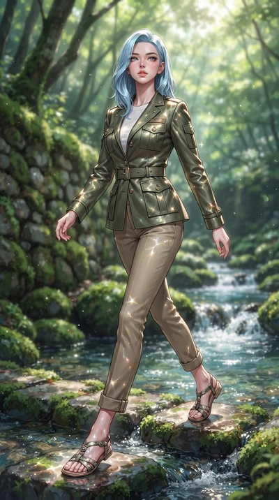 score_9, masterpiece, best quality, ultra-detailed, high-budget anime keyframe, editorial fashion photography, tasteful artistic composition, Korean woman woman. low angle full-body shot from head to toe showing her feet, filling the entire 9:16 vert