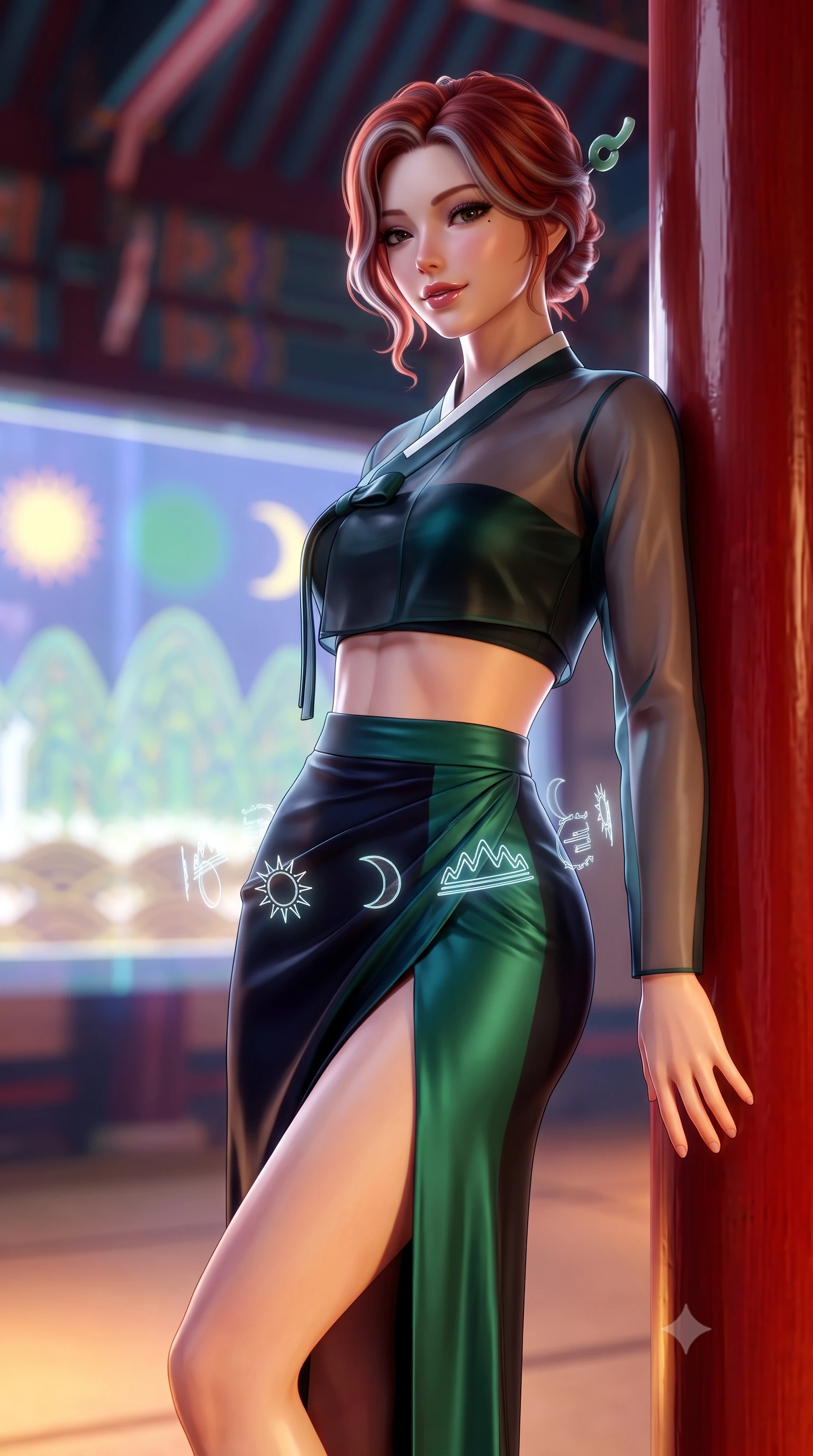 score_9, masterpiece, best quality, ultra-detailed, high-budget anime keyframe, semi-realistic 3D game render, editorial fashion photography, tasteful artistic composition, Caucasian woman. close-up cowboy shot from the waist and thighs up, the character dominates the composition, filling the frame with her large presence. leaning back against the red lacquer pillar with relaxed seductive grace, her flat midriff and narrow waist highlighted as warm lantern light traces her curves while twisting her slender torso in an alluring contrapposto stance, floating digital symbols of the Sun, Moon, and Five Peaks wrapping around her hips. The background shows a soft-focus the colossal holographic Sun, Moon, and Five Peaks screen and soaring royal ceiling rafters blurred into imperial crimson, sapphire, and gold bokeh. She has an exceptionally elegant, slender, and willowy female figure with an ultra-slim waist, flat toned midriff, narrow ribcage, and sculpted feminine hips creating an alluring, slim hourglass silhouette without bulk. sharp v-shaped jawline, high-bridge nose, intricate jewel-like dark sparkling almond eyes with depth, thick lashes, glossy parted lips with a natural rose-plum sheen, bright alluring and coquettish smile with bedroom-eyes, exuding both timeless oriental elegance and sovereign high-fashion allure, flawlessly proportioned anatomical accuracy, strict slender model proportions, natural body alignment, perfectly sculpted long slender limbs, ultra-slim waistline, clean dynamic posture without body distortion. wearing a cropped semi-sheer silk organza jeogori top paired with an ultra-high-waisted wrapped chima skirt featuring a dramatic thigh-high side slit in deep midnight obsidian and luminous imperial jade green, made of supple second-skin stretch silk jersey clinging flawlessly to her form, featuring a modern sculptural jade hair pin securing her loose silky updo, the form-fitting tailored bodice adhering flawlessly to her sculpted flat midriff and slender torso, emphasizing her long leg lines and perfectly proportioned willowy build. illuminated by under-floor warm uplighting and sharp platinum rim lights carving her razor-sharp jawline, narrow waist, and curvy hips. highly saturated vibrant anime colors, detailed shading with soft gradients, rich glossy textures, high-contrast stereoscopic depth, volumetric dynamic lighting, master piece, 9:16 ratio