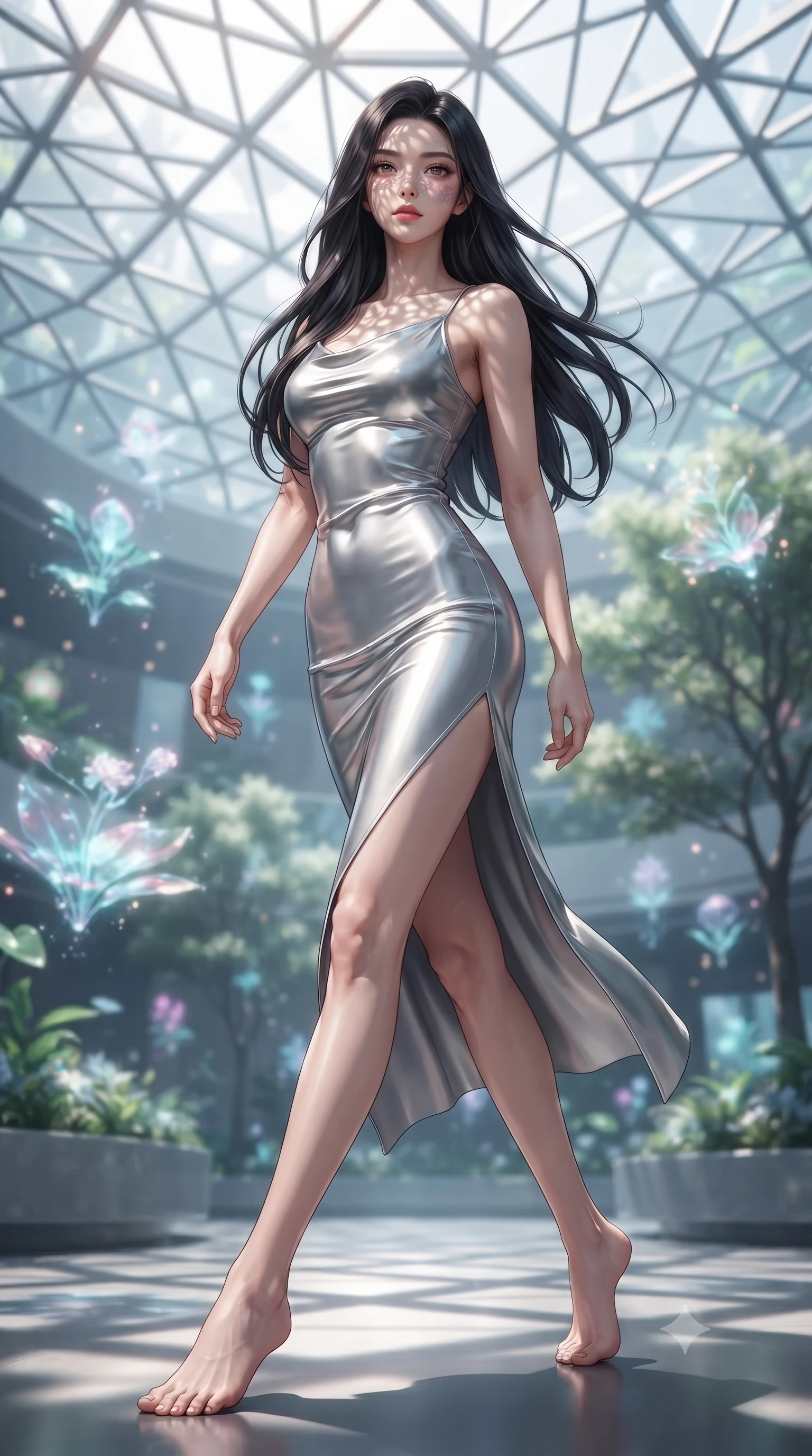 score_9, masterpiece, best quality, ultra-detailed, high-budget anime keyframe, editorial fashion photography, tasteful artistic composition, Korean woman woman. low angle full-body shot from head to toe showing her feet, filling the entire 9:16 vertical frame with her statuesque presence, stretching her vertical silhouette. She has an absolutely perfect, statuesque 8.5-heads proportion, an exceptionally tall and slender model-like female figure with impossibly long slender legs and an ultra-slim waist. stepping gracefully forward in a proud statuesque stride, her body turning in a fluid S-curve silhouette, flawlessly proportioned anatomical accuracy, natural body alignment, perfectly sculpted elegant limbs, clean dynamic posture without body distortion. set against a soft-focus background of a futuristic botanical pavilion with floating hologram plants. wearing a sleek bodycon liquid silver jersey dress hugging every curve with a subtle cowl neckline. bathed in dappled morning sunlight filtering through glass roof grid structures. ultra-reflective glossy finish, specular highlights, metallic sheen, high-contrast stereoscopic depth, volumetric dynamic lighting, 2k, ultra detail, master piece, 9:16 ratio