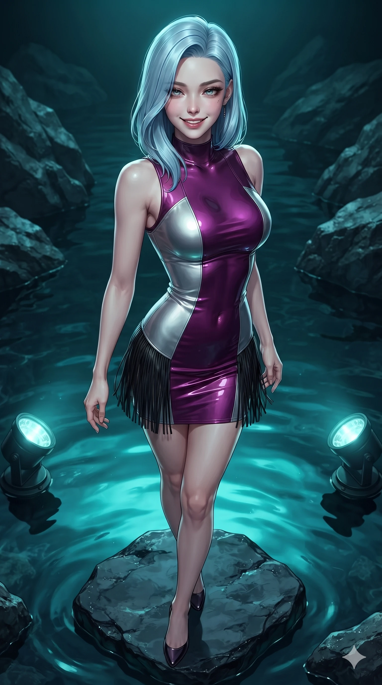score_9, masterpiece, best quality, ultra-detailed, high-budget anime keyframe, editorial fashion photography, tasteful artistic composition, Korean woman. close-up cowboy shot from the waist and thighs up, the character dominates the composition, filling the frame with her large presence. smiling with quiet, magnetic self-assurance directly into the camera with heavy-lidded sparkling eyes while standing poised on a floating obsidian stepping stone in the still reflecting pool, arching her lower back with sovereign supermodel grace. The surrounding environment is rendered in vivid detail and crisp panoramic clarity: sharp wet basalt rock grain, submerged stainless steel light housings, and pristine water surface reflections in deep focus. She has an exceptionally elegant, slender, and willowy female figure with an ultra-slim waist, flat toned midriff, narrow ribcage, and sculpted feminine hips creating an alluring, slim hourglass silhouette without bulk. sharp v-shaped jawline, high-bridge nose, intricate jewel-like dark sparkling eyes with hypnotic seductive depth, thick curled eyelashes, glossy parted lips with a natural wine sheen, alluring bedroom-eyes with an enigmatic smoldering smile, exuding magnetic sovereign charisma and dark avant-garde glamour, flawlessly proportioned anatomical accuracy, strict slender model proportions, natural body alignment, perfectly sculpted long slender limbs, ultra-slim waistline, clean dynamic posture without body distortion. wearing a precision-fitted bodycon dress in high-gloss liquid vinyl in royal amaranth purple and liquid platinum, made of supple butter-soft lambskin leather with a subtle satin sheen, finished with delicate jet-black micro-fringe fluttering softly along her hips with each step, the form-fitting cut adhering flawlessly to her sculpted flat midriff and slender torso, emphasizing her long leg lines and perfectly proportioned willowy build. bathed in dramatic submerged teal LED light wash cutting upward through crystalline dark water. ultra-reflective glossy finish, specular highlights, metallic sheen, high-contrast stereoscopic depth, volumetric dynamic lighting, 2k, ultra detail, master piece, 9:16 ratio