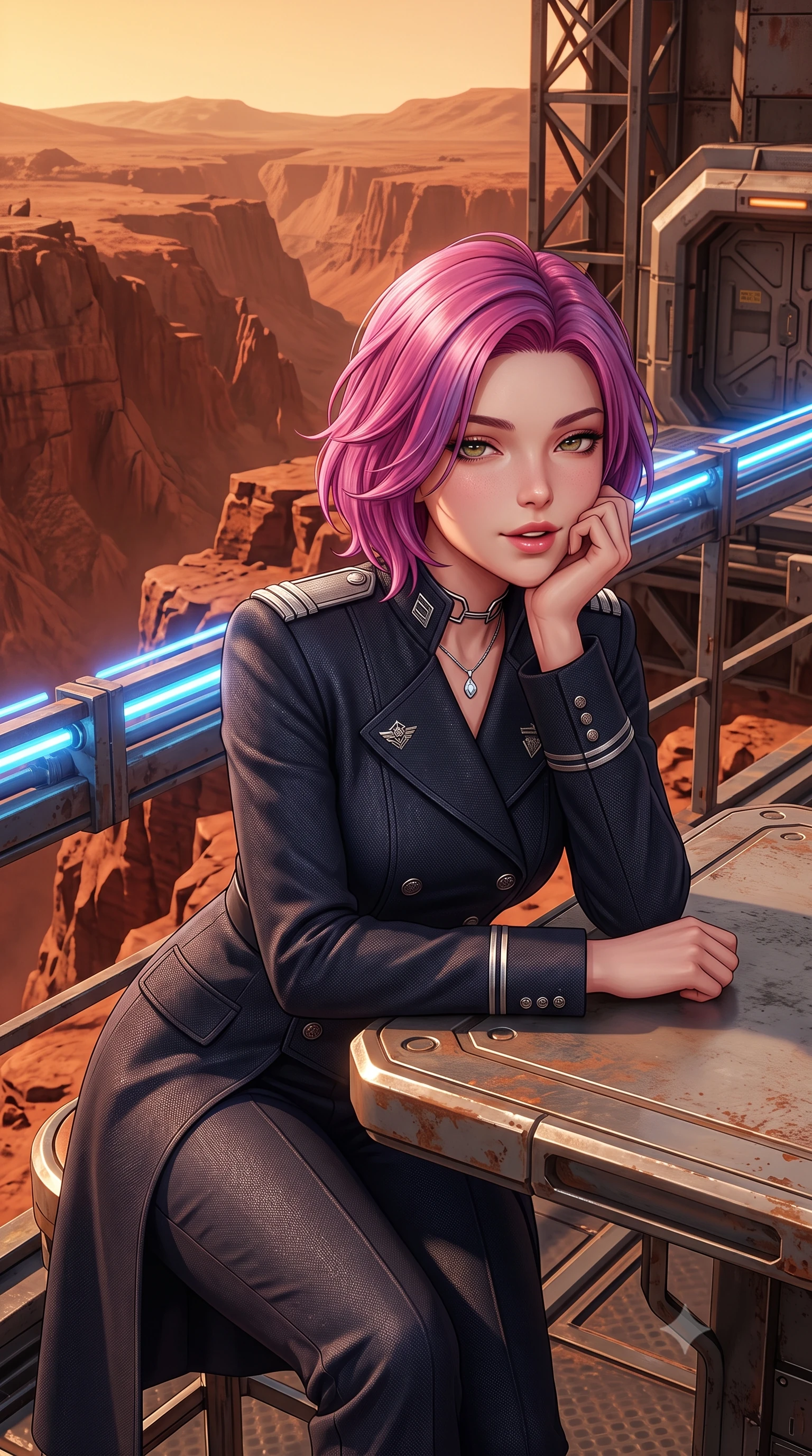 score_9, masterpiece, best quality, ultra-detailed, high-budget anime keyframe, semi-realistic 3D game render, editorial fashion photography, tasteful artistic composition, Caucasian woman. close-up cowboy shot from the waist and thighs up, the character dominates the composition, filling the frame with her large presence. resting one elbow on the table and supporting her chin, leaning close to the camera with heavy-lidded sparkling eyes and parted lips while standing poised on the reinforced blast terrace jutting over the colossal red chasms of Valles Marineris, arching her back with breathtaking anime heroine charisma. The surrounding environment is rendered in vivid detail and crisp panoramic clarity: sharp basalt rock fracture lines, oxidized iron red rock textures, and heavy industrial airlock seals in deep focus. She has an exceptionally elegant, slender, and willowy female figure with an ultra-slim waist, flat toned midriff, narrow ribcage, and sculpted feminine hips creating an alluring, slim hourglass silhouette without bulk. sharp v-shaped jawline, high-bridge nose, intricate jewel-like sparkling eyes with depth, thick eyelashes, glossy parted lips with a natural peach sheen, bright cheerful beaming smile with an enchanting and coquettish sensual glint, exuding both youthful cute charm and seductive allure, flawlessly proportioned anatomical accuracy, strict slender model proportions, natural body alignment, perfectly sculpted long slender limbs, ultra-slim waistline, clean dynamic posture without body distortion. wearing a tailored orbital navy officer dress uniform featuring a structured double-breasted coat with silver epaulets, high mandarin collar, and matching pressed slacks in midnight carbon navy and polished chrome, tailored from high-density tech-wool with subtle metallic thread weave, finished with a minimalist chrome choker and a single teardrop diamond pendant, the bespoke structured tailoring following the natural line of her 8.5-heads silhouette with refined elegance. bathed in rich 2000K warm terracotta sunset glow contrasted with brilliant electric-blue ionization laser conduits. highly saturated vibrant anime colors, detailed shading with soft gradients, rich glossy textures, high-contrast stereoscopic depth, volumetric dynamic lighting, master piece, 9:16 ratio
