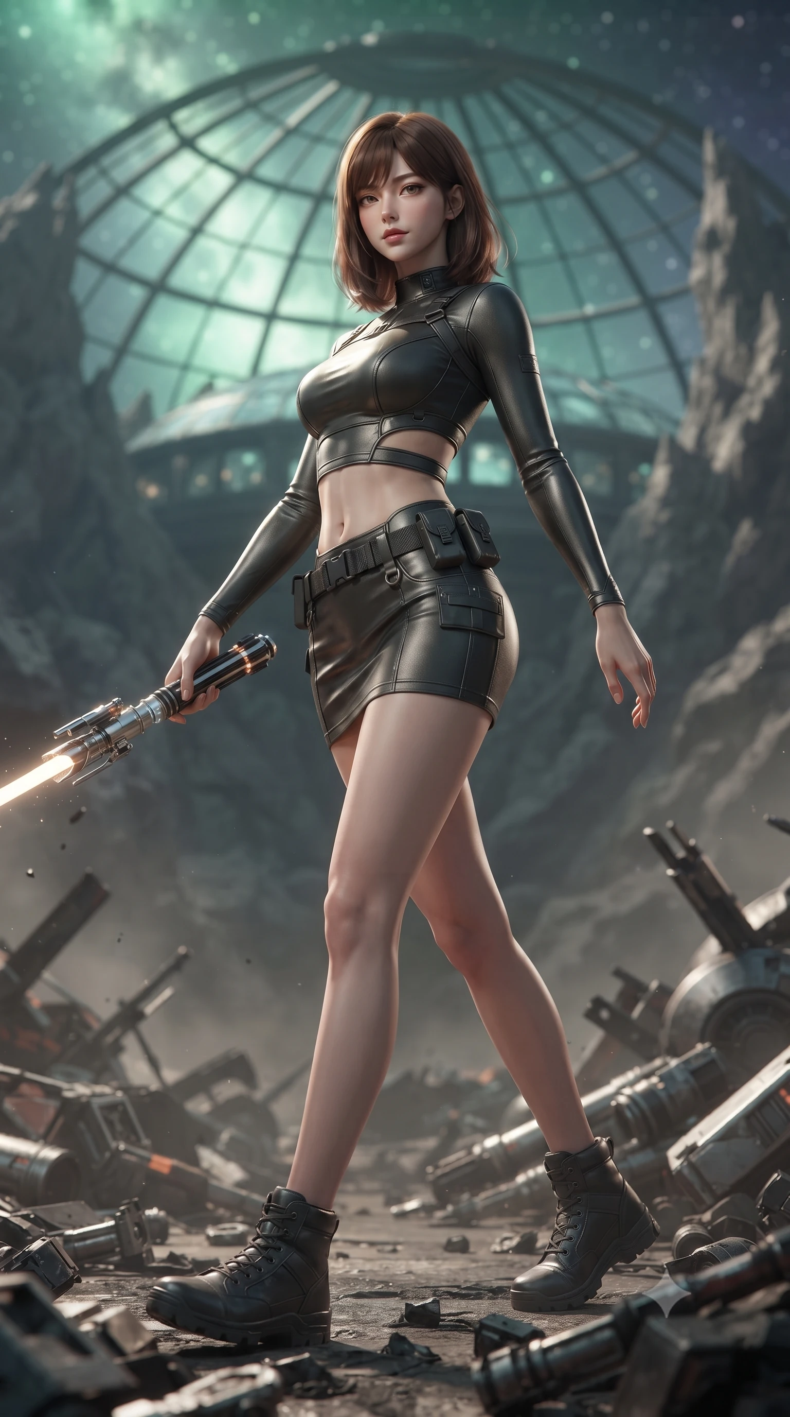 score_9, masterpiece, best quality, ultra-detailed, high-budget anime keyframe, editorial fashion photography, tasteful artistic composition, Korean woman. low angle full-body shot from head to toe showing her feet, filling the entire 9:16 vertical frame with her statuesque presence, stretching her vertical silhouette. stepping gracefully through battlefield debris with a glowing saber hilt in hand, looking back over her shoulder, the background shows a soft-focus an observatory glass dome built on a high mountain peak of a barren asteroid. She has an absolutely perfect, statuesque 8.5-heads proportion, an exceptionally tall and slender model-like female figure with impossibly long slender legs and an ultra-slim waist. sharp v-shaped jawline, high-bridge nose, intricate jewel-like eyes with depth, thick eyelashes, glossy lips with a natural sheen. wearing a body-hugging modern carbon-alloy crop top paired with a low-rise tactical skirt and a subtle waist cut-out. soft green and indigo starlight filtering through the glass dome ceiling panels. ultra-reflective glossy finish, specular highlights, metallic sheen, high-contrast stereoscopic depth, volumetric dynamic lighting, 2k, ultra detail, master piece, 9:16 ratio