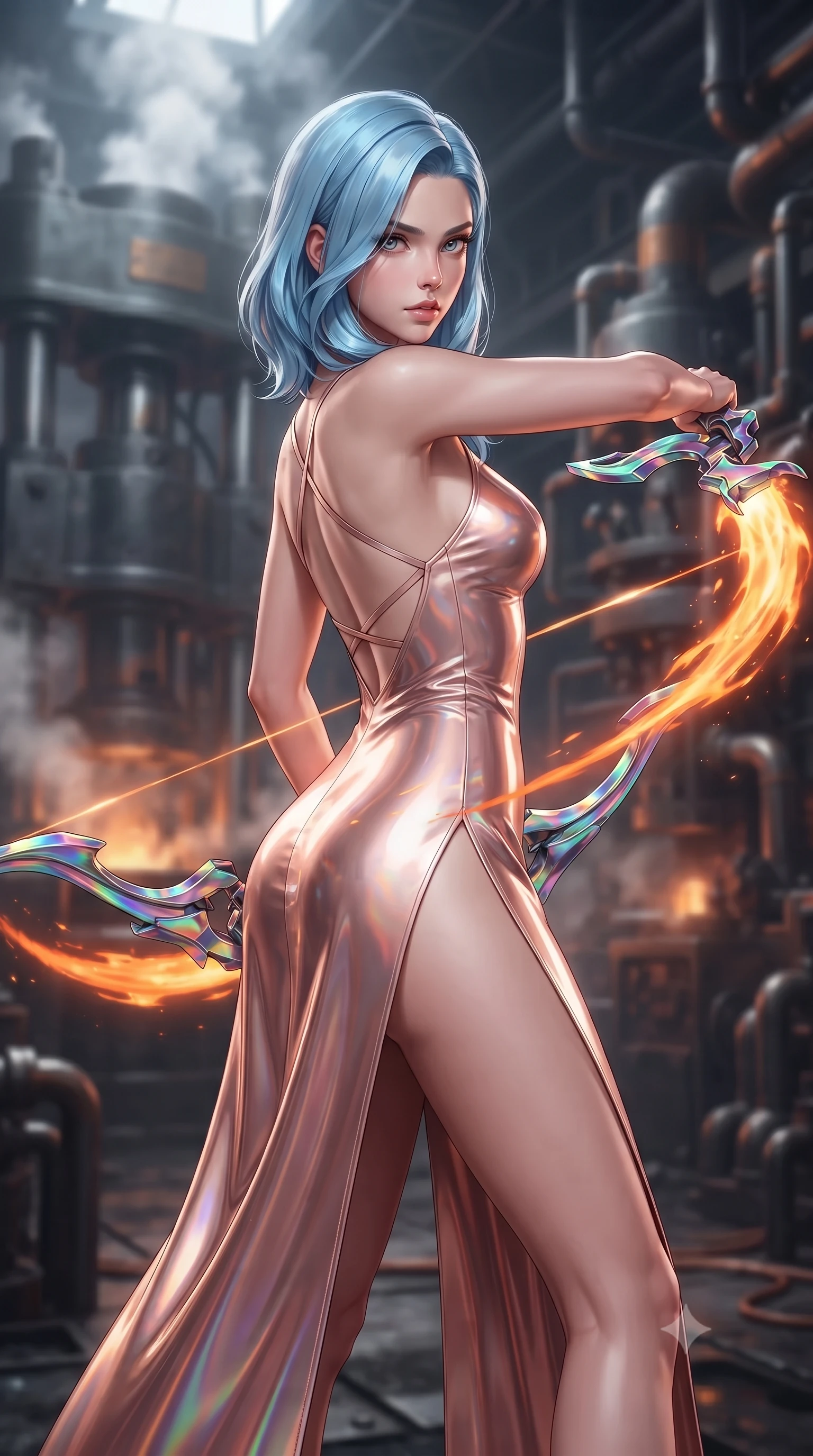 score_9, masterpiece, best quality, ultra-detailed, high-budget anime keyframe, editorial fashion photography, tasteful artistic composition, Korean woman. close-up cowboy shot from the waist and thighs up, the character dominates the composition, filling the frame with her large presence. stretching forward with an alluring arch of her spine, glancing over her shoulder with divine self-assurance and magnetic intensity while pivoting dynamically in a sweeping spin as the molten-orange plasma scythe blade leaves a blazing crescent of light in mid-air. The composition keeps background elements in soft focus with creamy bokeh. massive industrial forge hydraulic presses and steam vents softened in atmospheric shallow focus. She has an exceptionally elegant, slender, and willowy female figure with an ultra-slim waist, a gracefully sculpted slender torso, toned flat midriff, and a refined slim silhouette. sharp v-shaped jawline, high-bridge nose, intricate jewel-like eyes with depth, thick eyelashes, glossy lips with a natural sheen, flawlessly proportioned anatomical accuracy, strict slender model proportions, natural body alignment, perfectly sculpted long slender limbs, ultra-slim waistline, clean dynamic posture without body distortion. wearing a form-fitting luminous rose-gold carbon combat gown with tactical side slits, wielding a floating magnetic energy bow with celestial poise in high-gloss iridescent rainbow carbon with prism holographic sheen, formed from high-gloss patent carbon-plating with specular chiaroscuro reflections, complemented by criss-cross back harness straps highlighting her completely bare spine, the glove-like aerodynamic second-skin fit tightly clinging to her ultra-slender waist and athletic curves without adding bulk, accentuating her razor-sharp statuesque lines and slim hourglass silhouette. surrounded by a fierce, elemental, and irresistibly powerful cyber-valkyrie of fire atmosphere. ultra-reflective glossy finish, specular highlights, dark metallic sheen, high-contrast stereoscopic depth, volumetric dynamic lighting, 2k, ultra detail, master piece, 9:16 ratio