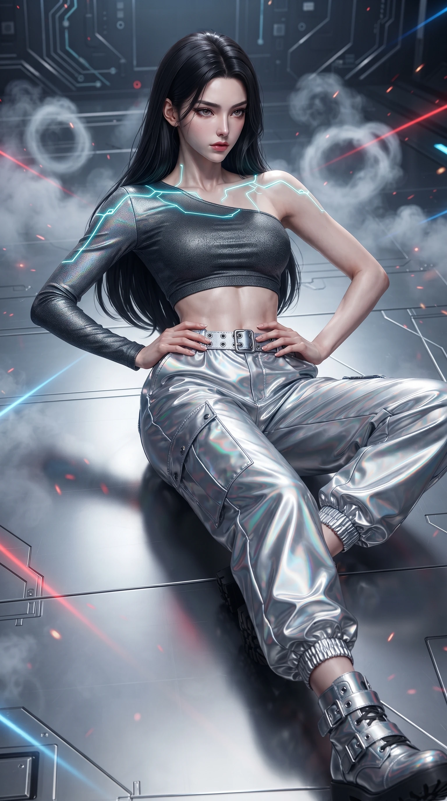 score_9, masterpiece, best quality, ultra-detailed, high-budget anime keyframe, editorial fashion photography, tasteful artistic composition, Korean woman. low angle full-body shot from head to toe showing her feet, filling the entire 9:16 vertical frame with her statuesque presence, stretching her vertical silhouette. reclining back languidly with one knee bent and spine arched in a breathtaking dancer line, commanding the entire 9:16 vertical frame while twisting her athletic torso in an alluring S-curve while resting both hands on her hips, looking past the camera with fearless allure. The composition keeps background elements in soft focus with creamy bokeh. swirling smoke rings and burning rubber particulate catching laser beam motes across the circuit. She has an absolutely perfect, statuesque 8.5-heads proportion, an exceptionally tall and slender model-like female figure with impossibly long slender legs, a toned flat midriff, and an ultra-slim waist. sharp v-shaped jawline, high-bridge nose, intricate jewel-like eyes with depth, thick eyelashes, glossy parted lips with a natural sheen, intensely captivating and seductive expression, flawlessly proportioned anatomical accuracy, strict slender model proportions, natural body alignment, perfectly sculpted long slender limbs, ultra-slim waistline, clean dynamic posture without body distortion. wearing an asymmetric single-sleeve moto crop top paired with baggy metallic parachute trousers and grommet belt in holographic silver prism and deep graphite, crafted from compression knit fabric sculpting her athletic hourglass lines, finished with glowing cyan circuit lines tracing her collarbones and shoulders, the sleek tactical cut tightly hugging her graceful clavicle, narrow waist, and athletic curves with statuesque precision. illuminated by crisp directional rim lighting sharply defining her razor-sharp jawline and feminine curves. ultra-reflective glossy finish, specular highlights, rich textural contrasts, high-contrast stereoscopic depth, volumetric dynamic lighting, 2k, ultra detail, master piece, 9:16 ratio