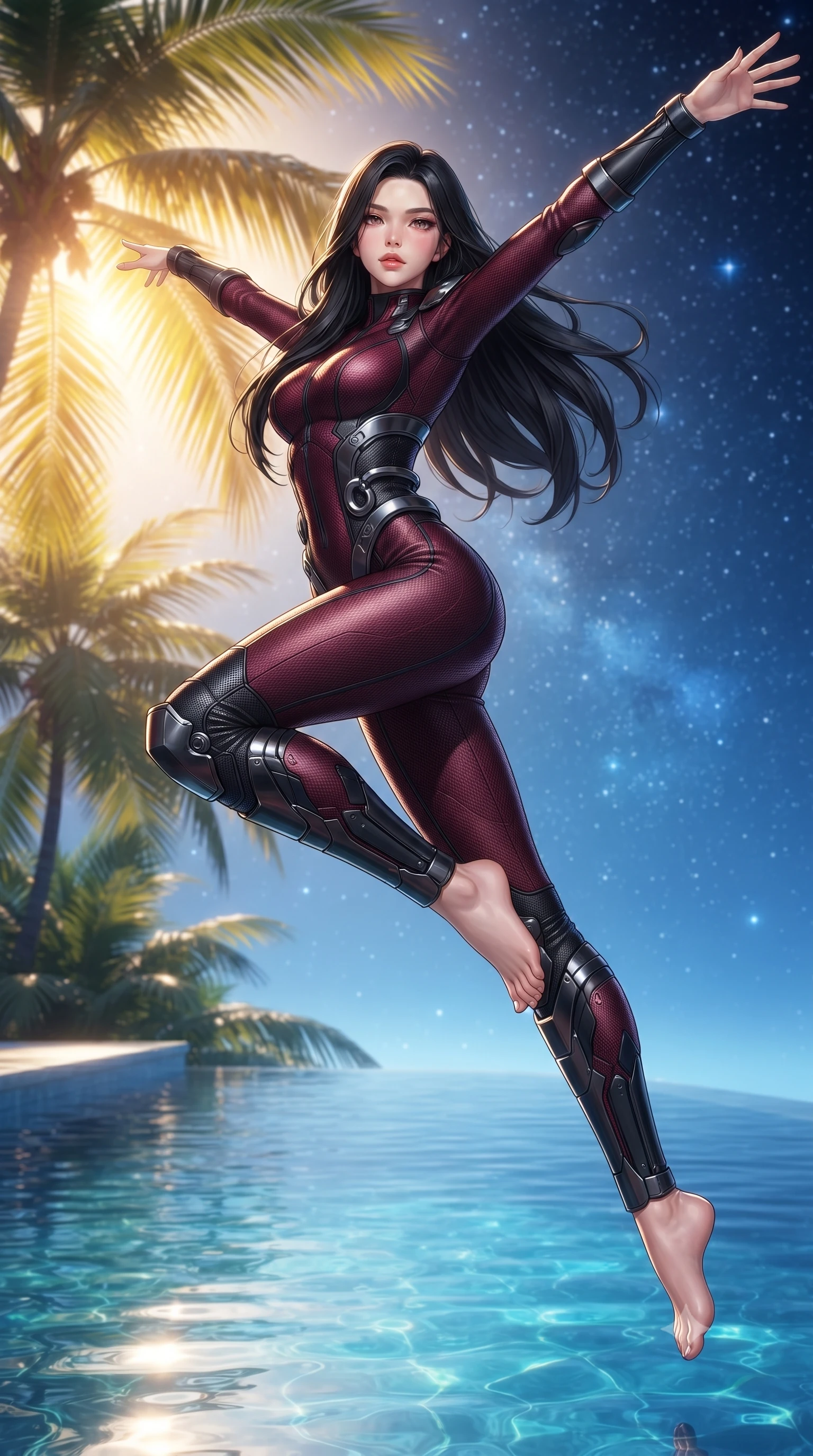 score_9, masterpiece, best quality, ultra-detailed, high-budget anime keyframe, editorial fashion photography, tasteful artistic composition, Korean woman. low angle full-body shot from head to toe showing her feet, filling the entire 9:16 vertical frame with her statuesque presence, stretching her vertical silhouette. leaping dynamically through the starry space, her posture full of power and elegance, poised near a clear infinity plunge pool under a brilliant golden sun sky, dewy natural skin finish with glossy lips and thick dark lashes. She has an absolutely perfect, statuesque 8.5-heads proportion, an exceptionally tall and slender model-like female figure with impossibly long slender legs and an ultra-slim waist. sharp v-shaped jawline, high-bridge nose, intricate jewel-like eyes with depth, thick eyelashes, glossy lips with a natural sheen. wearing second-skin matte carbon-fiber combat suit in onyx black in deep crimson burgundy, made of matte carbon-fiber weave, accented with sculpted obsidian chrome rings at the waist, highlighting her statuesque proportions and ultra-slim waistline. bathed in bright golden sunlight filtering through tropical palm fronds. highly saturated vibrant anime colors, detailed shading with soft gradients, rich glossy textures, high-contrast stereoscopic depth, volumetric dynamic lighting, master piece, 9:16 ratio