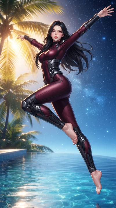 score_9, masterpiece, best quality, ultra-detailed, high-budget anime keyframe, editorial fashion photography, tasteful artistic composition, Korean woman. low angle full-body shot from head to toe showing her feet, filling the entire 9:16 vertical f