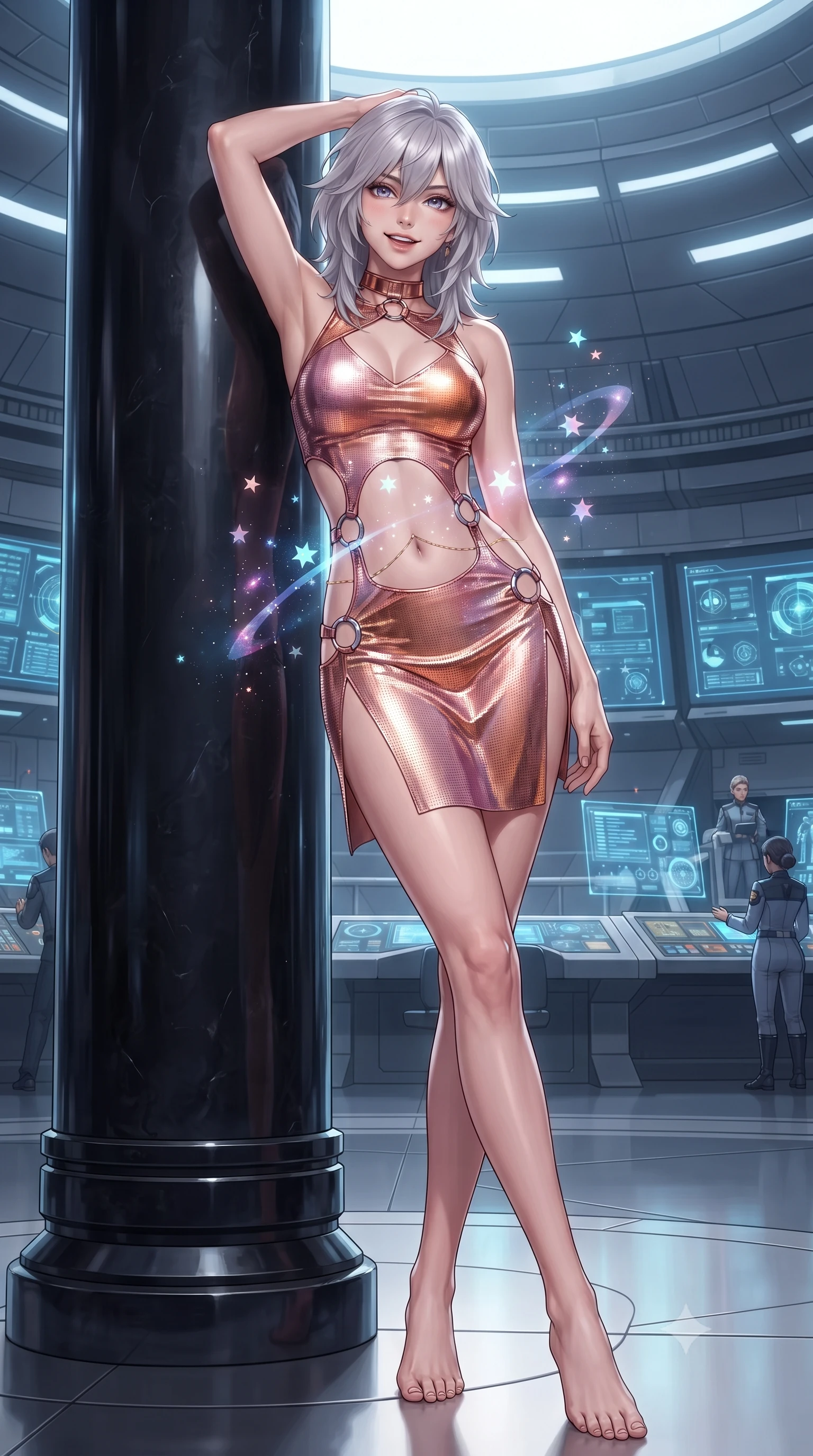 score_9, masterpiece, best quality, ultra-detailed, high-budget anime keyframe, editorial fashion photography, tasteful artistic composition, Japanese woman. low angle full-body shot from head to toe showing her feet, filling the entire 9:16 vertical frame with her statuesque presence, stretching her vertical silhouette. standing tall beside the architectural column, one hand resting high while arching her lower back to emphasize her sculpted feminine hips and slender waist while twisting her slender torso in an alluring S-curve, floating holographic stars and nebulae casting celestial light ribbons across her flat midriff and hourglass curves. The surrounding environment is rendered in vivid detail and crisp panoramic clarity: detailed tactical gown tailoring, futuristic rank insignia, and monumental command headquarters architecture in high resolution. She has an exceptionally tall and slender model-like 8.5-heads proportion, an ultra-slim waist, a flat toned midriff, narrow delicate ribcage, and beautifully sculpted feminine hips creating a graceful, slim hourglass silhouette without any bulky heaviness, with impossibly long slender legs. sharp v-shaped jawline, high-bridge nose, intricate jewel-like sparkling eyes with depth, thick eyelashes, glossy parted lips with a natural peach sheen, bright cheerful beaming smile with an enchanting and coquettish sensual glint, exuding both youthful cute charm and seductive allure, flawlessly proportioned anatomical accuracy, strict slender model proportions, natural body alignment, perfectly sculpted long slender limbs, ultra-slim waistline, clean dynamic posture without body distortion. wearing a provocative open-waist combat cutout mini dress framed by polished chrome ring hardware and thigh-high slit in high-gloss rose-gold and burnished copper, crafted from stretch micro-mesh with liquid foil coating that shimmers with every movement, accented with a dainty gold belly chain resting across her flat midriff and curving hips, the glove-like clinging cut tightly following the natural contour of her hips and long slender legs with youthful 8.5-heads elegance. illuminated by polished obsidian dais bounce and sharp starlight-cyan rim lights defining her razor-sharp jawline, narrow waist, and curvy hips. ultra-reflective glossy finish, specular highlights, rich textural contrasts, high-contrast stereoscopic depth, volumetric dynamic lighting, 2k, ultra detail, master piece, 9:16 ratio