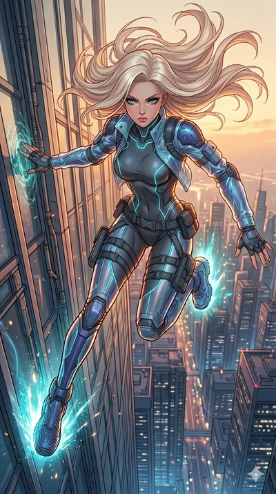 score_9, masterpiece, best quality, ultra-detailed, high-budget anime movie keyframe, cinematic anime lighting, intricate line art, Japanese woman. Extreme high angle shot as she leaps towards the camera, filling the frame. dashing up the side of a s