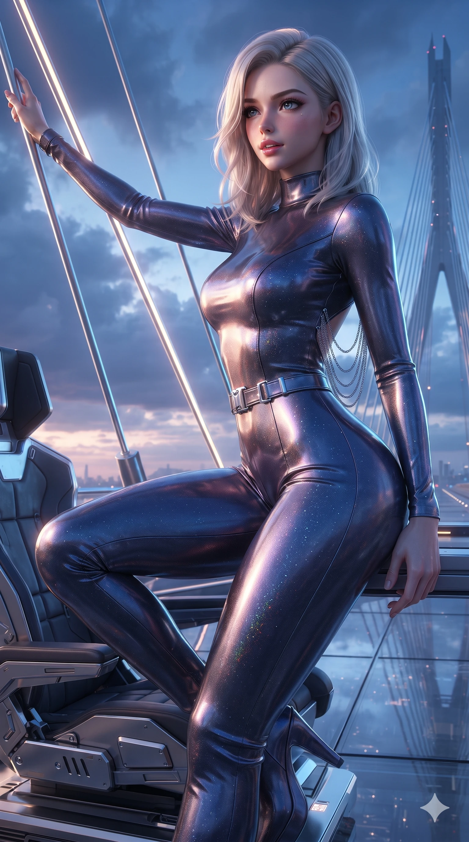 score_9, masterpiece, best quality, ultra-detailed, high-budget anime keyframe, editorial fashion photography, tasteful artistic composition, Caucasian woman. close-up cowboy shot from the waist and thighs up, the character dominates the composition, filling the frame with her large presence. perched sideways on the pilot seat, one knee drawn up to showcase her slender leg line while her arched back accentuates her feminine hip curve while leaning against the glowing skybridge structural cables with hips cocked back, gazing through the twilight clouds with intoxicating bedroom-eyes. The surrounding environment is rendered in vivid detail and crisp panoramic clarity: detailed haute-couture tactical catsuit tailoring, polished chrome buckle hardware, and monumental futuristic bridge architecture in razor-sharp precision. She has an exceptionally elegant, slender, and willowy female figure with an ultra-slim waist, flat toned midriff, narrow ribcage, and sculpted feminine hips creating an alluring, slim hourglass silhouette without bulk. sharp v-shaped jawline, high-bridge nose, intricate jewel-like sparkling eyes with depth, thick eyelashes, glossy parted lips with a natural sheen, bright confident smile with an enchanting and coquettish sensual glint, exuding both youthful magnetic charm and sovereign high-tech allure, flawlessly proportioned anatomical accuracy, strict slender model proportions, natural body alignment, perfectly sculpted long slender limbs, ultra-slim waistline, clean dynamic posture without body distortion. wearing a body-contouring high-neck metallic cyber-jersey jumpsuit casting radiant starlight shimmer across her flat midriff in iridescent dark chrome and holographic violet, woven from high-density tech-wool with subtle metallic thread weave, accented with an open-back drape framed by falling strands of delicate chrome chains, the impeccably tailored cut draping gracefully along her slender figure with aristocratic poise. illuminated by glass floor bounce and sharp azure-gold rim lights defining her razor-sharp jawline, narrow waist, and curvy hips. ultra-reflective glossy finish, specular highlights, rich textural contrasts, high-contrast stereoscopic depth, volumetric dynamic lighting, 2k, ultra detail, master piece, 9:16 ratio