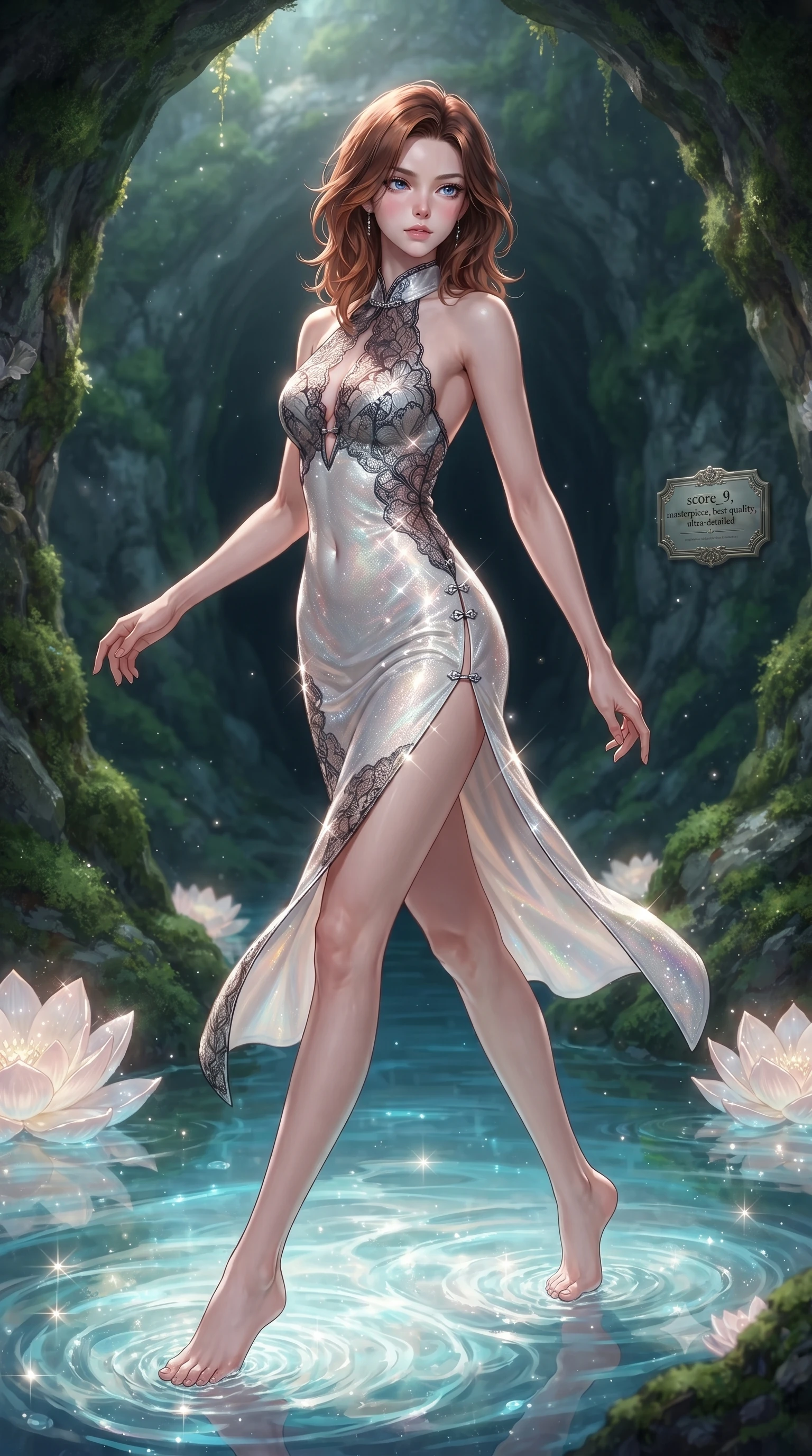 score_9, masterpiece, best quality, ultra-detailed, high-budget anime keyframe, editorial fashion photography, tasteful artistic composition, Korean woman. low angle full-body shot from head to toe showing her feet, filling the entire 9:16 vertical frame with her statuesque presence, stretching her vertical silhouette. pivoting dynamically in mid-motion with a breathtakingly alluring posture, displaying her flawless model proportions and ultra-slim waist while stepping gracefully through shallow glowing water with an alluring, confident backward glance. The surrounding environment is rendered in vivid detail and crisp panoramic clarity. intricate pearl lotus petal textures, crystal-clear water pool ripples, and mossy grotto walls in deep focus. She has an absolutely perfect, statuesque 8.5-heads proportion, an exceptionally tall and slender model-like female figure with impossibly long slender legs, a toned flat midriff, and an ultra-slim waist. sharp v-shaped jawline, high-bridge nose, intricate jewel-like eyes with depth, thick eyelashes, glossy lips with a natural sheen, flawlessly proportioned anatomical accuracy, strict slender model proportions, natural body alignment, perfectly sculpted long slender limbs, ultra-slim waistline, clean dynamic posture without body distortion. wearing a velvet halter-neck midi dress fitting her statuesque contour flawlessly with a Tasteful chest slit and open spine in glistening liquid pearl white with rainbow opalescence, crafted from delicate dark lace interwoven with luminescent micro-fibers, finished with an ultra-high side slit secured by miniature magnetic clasps, the precision-cut daring openings accentuating her delicate midriff, graceful bare collarbones, and ultra-slim feminine waistline. illuminated by soft glowing pearl lotus uplights and sparkling specular highlights tracing her curves. ultra-reflective glossy finish, specular highlights, metallic sheen, high-contrast stereoscopic depth, volumetric dynamic lighting, 2k, ultra detail, master piece, 9:16 ratio