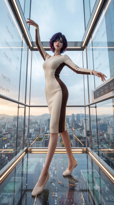 score_9, masterpiece, best quality, ultra-detailed, high-budget anime keyframe, editorial fashion photography, tasteful artistic composition, Korean woman. low angle full-body shot from head to toe showing her feet, filling the entire 9:16 vertical f
