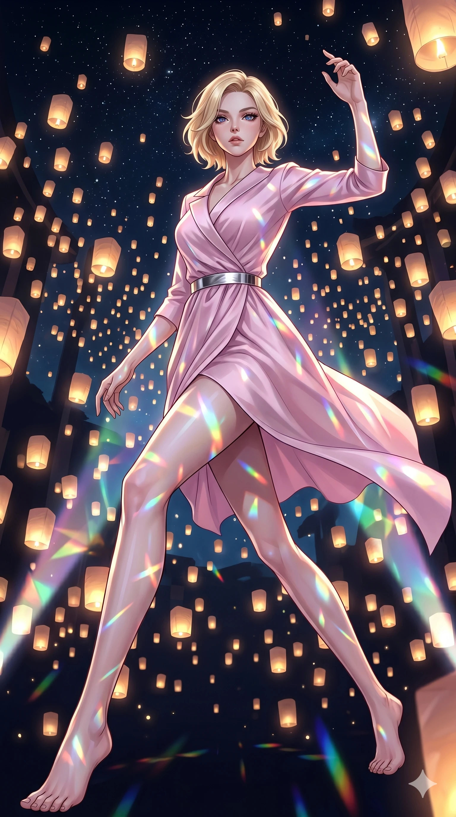 score_9, masterpiece, best quality, ultra-detailed, high-budget anime keyframe, editorial fashion photography, tasteful artistic composition, Caucasian woman, strictly human ears. low angle full-body shot from head to toe showing her feet, filling the entire 9:16 vertical frame with her statuesque presence, stretching her vertical silhouette. Lunging dynamically forward with one arm raised within a sanctuary where hundreds of glowing paper lanterns float up towards a starry sky. She has an absolutely perfect 8-heads proportion, an exceptionally tall and slender female figure with impossibly long slender legs and an ultra-slim waist. V-shaped jawline, high-bridge nose, intricate jewel-like eyes with depth, thick eyelashes, glossy lips with a natural sheen. wearing a modernized wrapping dress in pastel pink silk with an asymmetric collar line, three-quarter sleeves, and a silver metallic belt cinching the waist. lit by mirror-reflected prismatic spotlights creating geometric light patterns that play across her body. 2k, ultra detail, master piece, 9:16 ratio