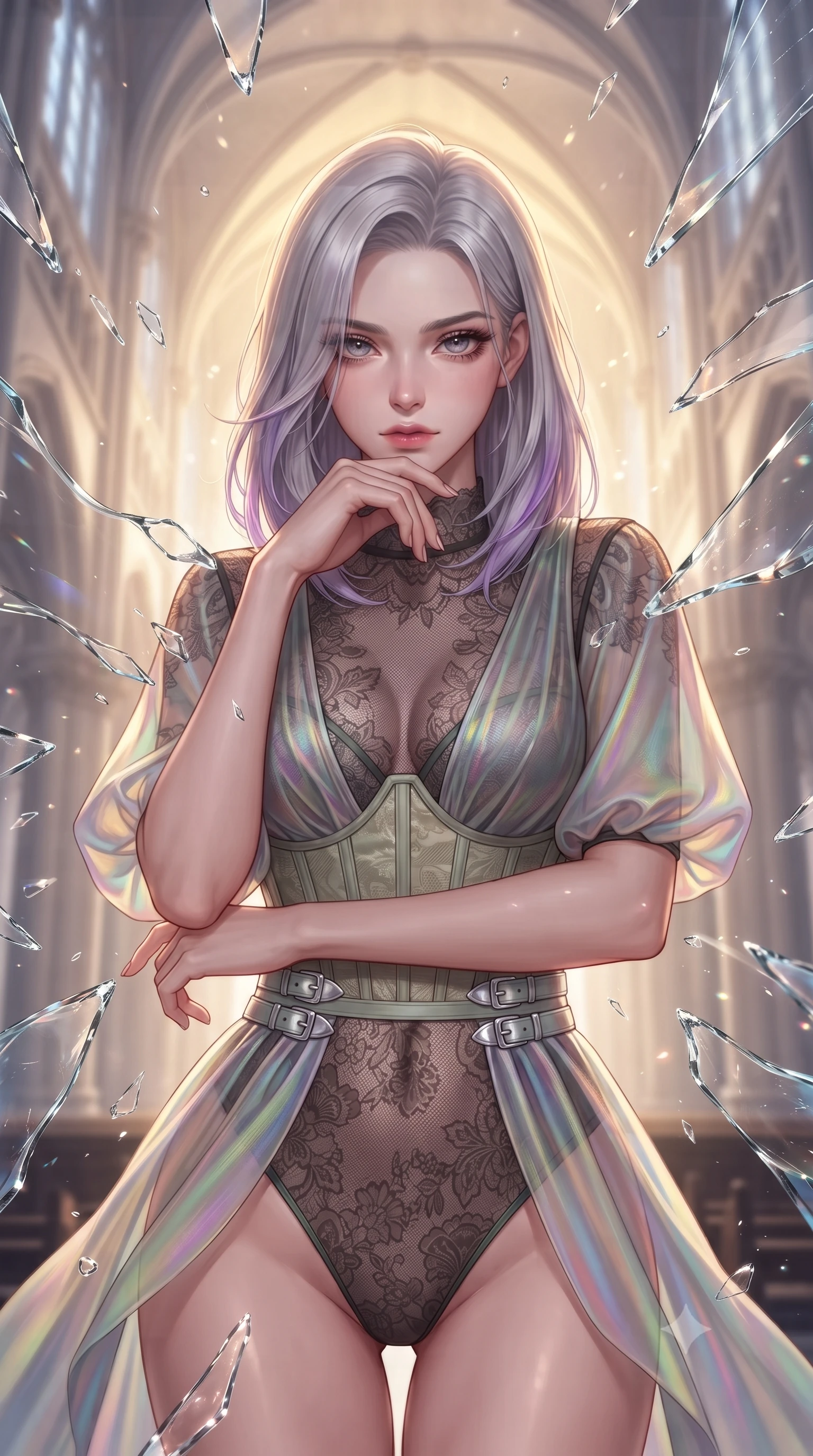 score_9, masterpiece, best quality, ultra-detailed, high-budget anime keyframe, editorial fashion photography, tasteful artistic composition, Caucasian woman. close-up cowboy shot from the waist and thighs up, the character dominates the composition, filling the frame with her large presence, background elements kept in soft focus. Resting her chin on the backs of her fingers, casting a sharp, mysterious gaze leaping through shattered liquid glass fragments in a illuminated cathedral, majestic vaulted ceilings rising high into a luminous atmosphere. She has an exceptionally elegant, slender, and willowy female figure with an ultra-slim waist, a gracefully sculpted slender torso, and a refined silhouette. sharp v-shaped jawline, high-bridge nose, intricate jewel-like eyes with depth, thick eyelashes, glossy lips with a natural sheen. wearing a sheer dark lace pattern bodysuit with structured corsetry boning in sage green and oatmeal, crafted from iridescent chiffon that shifts colors in the light, detailed with polished silver buckles along the waistline, the sleek second-skin texture accentuating her magnetic presence. illuminated by a warm golden key light and brilliant multi-color rim light. highly saturated vibrant anime colors, detailed shading with soft gradients, rich glossy textures, high-contrast stereoscopic depth, volumetric dynamic lighting, master piece, 9:16 ratio