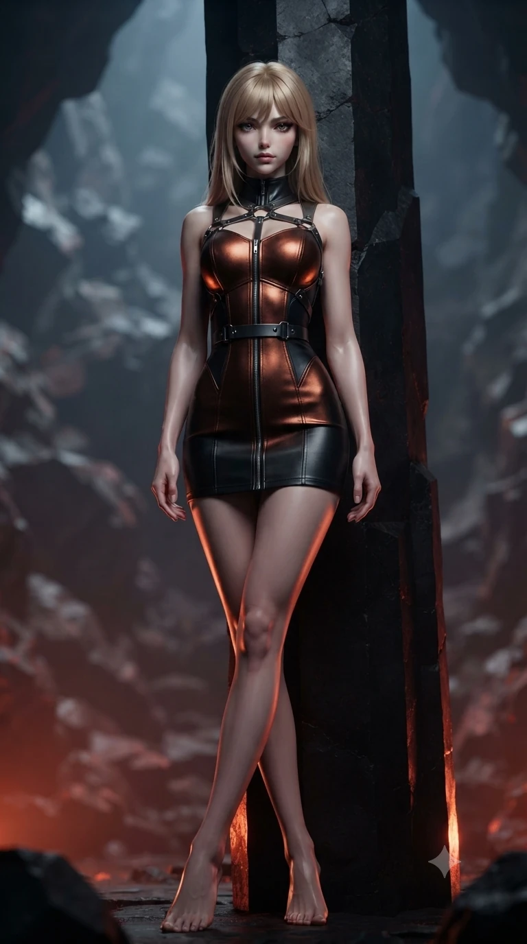 score_9, masterpiece, best quality, ultra-detailed, high-budget anime keyframe, editorial fashion photography, tasteful artistic composition, Japanese woman. low angle full-body shot from head to toe showing her feet, filling the entire 9:16 vertical frame with her statuesque presence, stretching her vertical silhouette. navigating the midnight sanctuary with an effortless, graceful stride, hips swaying in an alluring sensual rhythm while leaning against the towering vertical basalt column with hips cocked back, looking through lowered lashes with an enchanting, superior half-smile. The background shows a soft-focus volcanic subterranean cavern softened in geometric geological shallow focus. She has an absolutely perfect, statuesque 8.5-heads proportion, an exceptionally tall and slender model-like female figure with impossibly long slender legs, an ultra-slim waist, a flat toned midriff, narrow delicate ribcage, and beautifully sculpted feminine hips creating a graceful, slim hourglass silhouette without any bulky heaviness. sharp v-shaped jawline, high-bridge nose, intricate jewel-like dark sparkling eyes with hypnotic seductive depth, thick curled eyelashes, glossy parted lips with a natural wine sheen, alluring bedroom-eyes with an enigmatic smoldering smile, exuding magnetic sovereign charisma and dark avant-garde glamour, flawlessly proportioned anatomical accuracy, strict slender model proportions, natural body alignment, perfectly sculpted long slender limbs, ultra-slim waistline, clean dynamic posture without body distortion. wearing a glove-like stretch lambskin leather corset dress with double-ended front zipper in dark burnt copper and matte black, made of fluid liquid jersey with seamless sculpting hold and smooth contours, highlighted by a gunmetal metallic harness structure, the form-fitting cut adhering flawlessly to her sculpted flat midriff and slender torso, emphasizing her long leg lines and perfectly proportioned willowy build. illuminated by volcanic stone bounce and sharp scarlet-amber rim lights defining her razor-sharp jawline, narrow waist, and curvy hips. ultra-reflective glossy finish, specular highlights, metallic sheen, high-contrast stereoscopic depth, volumetric dynamic lighting, 2k, ultra detail, master piece, 9:16 ratio