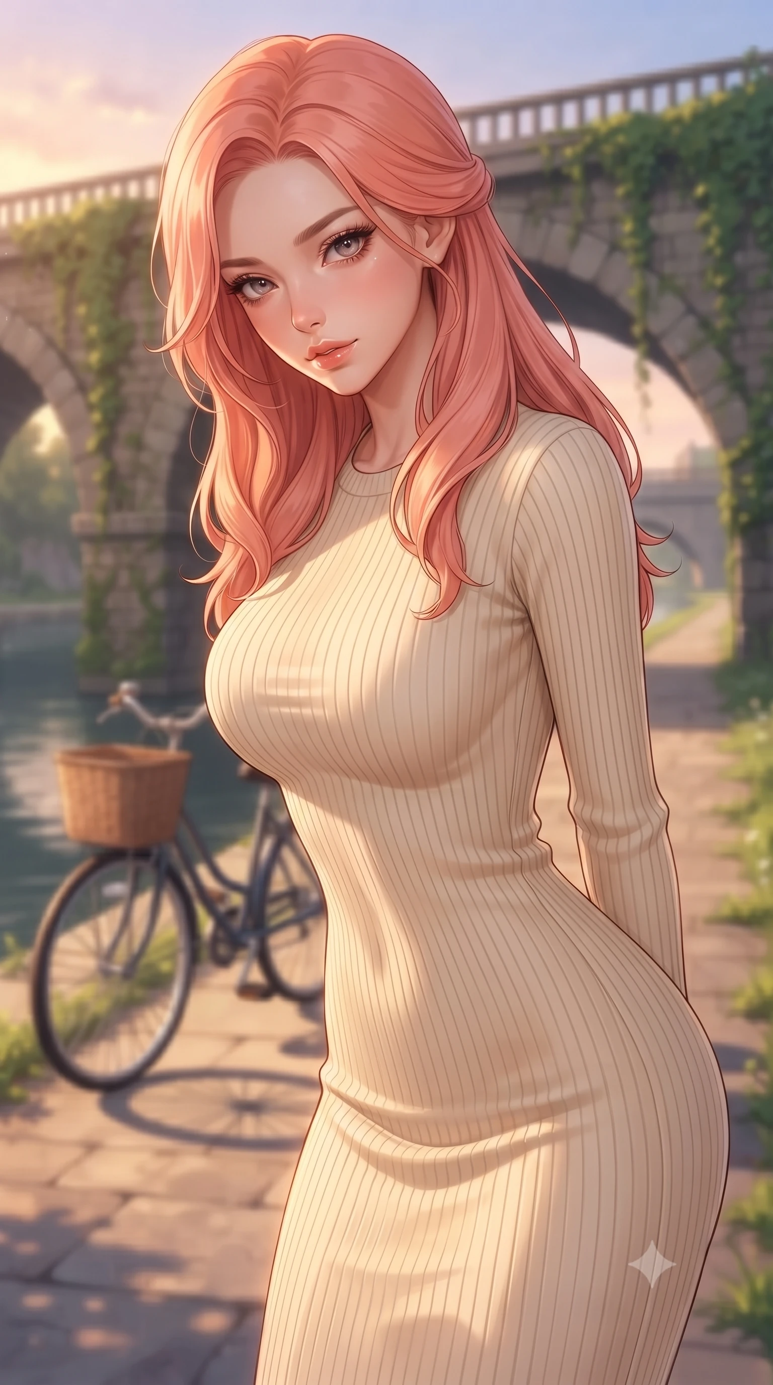 score_9, masterpiece, best quality, ultra-detailed, high-budget anime keyframe, editorial fashion photography, tasteful artistic composition, Japanese woman. close-up cowboy shot from the waist and thighs up, the character dominates the composition, filling the frame with her large presence, background elements kept in soft focus. tilting her chin down slightly, looking up at the viewer with a deeply charming, smoldering gaze set against a soft-focus background of next to a scenic river bridge with stone arches and green ivy vines with a bicycle and a wicker basket parked on the path behind her. She has an exceptionally elegant, slender, and willowy female figure with an ultra-slim waist, a gracefully sculpted slender torso, and a refined silhouette. sharp v-shaped jawline, high-bridge nose, intricate jewel-like eyes with depth, thick eyelashes, glossy lips with a natural sheen. wearing tailored form-fitting ribbed knit dress in cream, contouring her slender silhouette. volumetric sunset rays casting long warm highlights on her active form. highly saturated vibrant anime colors, detailed shading with soft gradients, rich glossy textures, high-contrast stereoscopic depth, volumetric dynamic lighting, master piece, 9:16 ratio