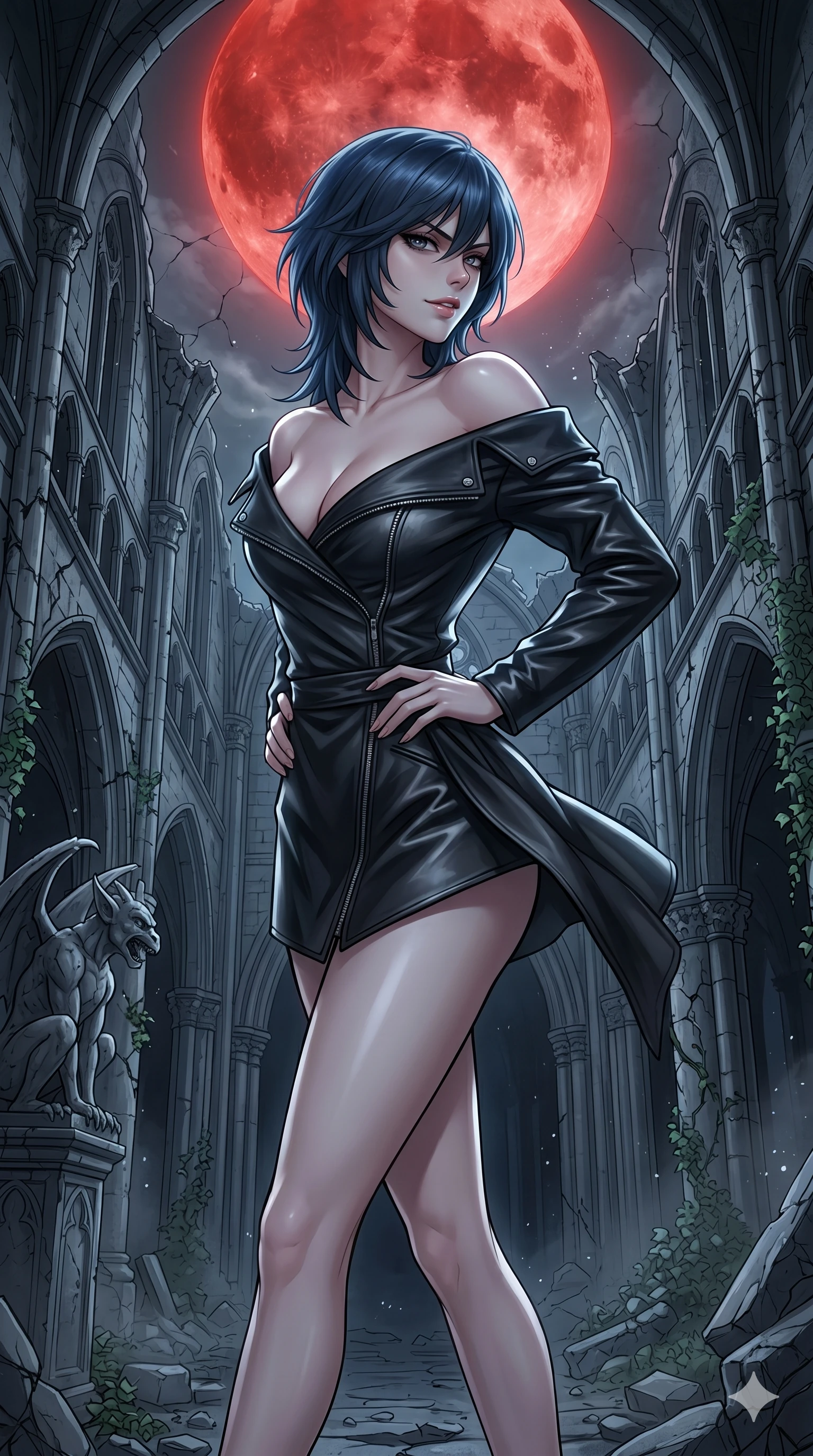 score_9, masterpiece, best quality, ultra-detailed, high-budget anime keyframe, editorial fashion photography, tasteful artistic composition, Caucasian woman, strictly human ears. cowboy shot from the thighs up, character and outfit filling the frame for maximum editorial presence. glancing sidelong over her shoulder with a sharp, venomous smirk, her posture radiating calculating malice standing inside a gothic cathedral ruins under a giant blood-red moon (Scenario Code H-65). She has an absolutely perfect 8-heads proportion, an exceptionally tall and slender female figure with impossibly long slender legs and an ultra-slim waist. V-shaped jawline, high-bridge nose, intricate jewel-like eyes with depth, thick eyelashes, glossy lips with a natural sheen. wearing an asymmetric black leather wrap jacket unzipped deeply to show her bare shoulders and clavicle lines. bathed in a cold silver moonlight creating deep, dramatic shadows on her figure. 2k, ultra detail, master piece, 9:16 ratio