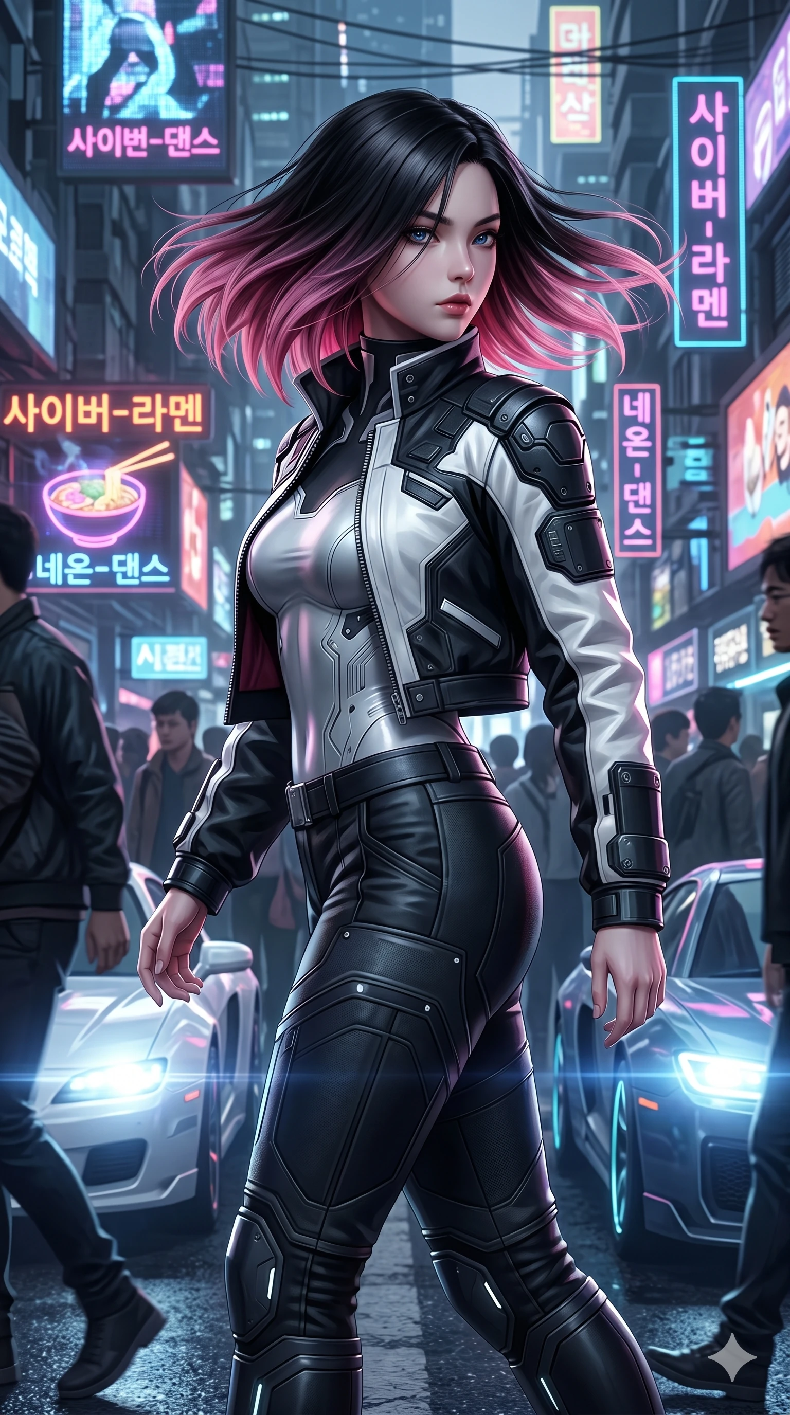 score_9, masterpiece, best quality, ultra-detailed, high-budget anime keyframe, semi-realistic 3D game render, Korean woman. Upper body close-up from the thighs up, character filling the screen for maximum presence. Walking through a crowded street of a cyber-metropolis, turning around sharply, her hair whipping around her face, with a magnetic gaze. She is wearing a high-contrast black and white structured jacket worn over a sleek silver bodice. The scene is illuminated by flashing advertisements and the cool white headlights of hovercars. 2k, ultra detail, master piece, 9:16 ratio