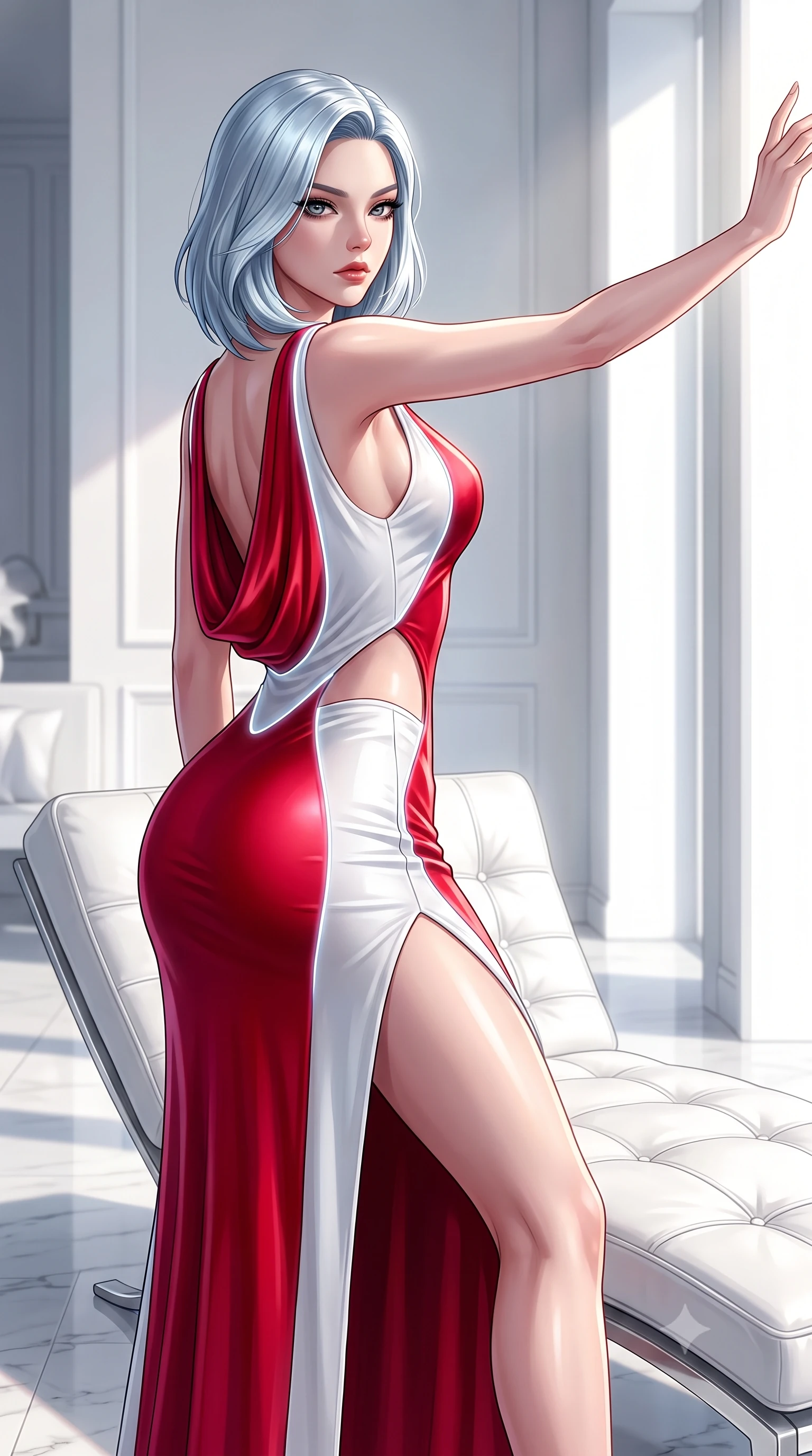 score_9, masterpiece, best quality, ultra-detailed, high-budget anime keyframe, semi-realistic 3D game render, editorial fashion photography, tasteful artistic composition, Korean woman. close-up cowboy shot from the waist and thighs up, the character dominates the composition, filling the frame with her large presence. extending one arm gracefully toward the light while her torso arches in a sleek, alluring curve with magnetic intensity while stretching her long slender legs along a low white leather lounger as natural daylight floods the interior. The surrounding environment is rendered in vivid detail and crisp panoramic clarity. high-contrast pristine white decor and sunlit architectural lines rendered with environmental sharpness. She has an exceptionally elegant, slender, and willowy female figure with an ultra-slim waist, a gracefully sculpted slender torso, toned flat midriff, and a refined slim silhouette. sharp v-shaped jawline, high-bridge nose, intricate jewel-like eyes with depth, thick eyelashes, glossy lips with a natural sheen, flawlessly proportioned anatomical accuracy, strict slender model proportions, natural body alignment, perfectly sculpted long slender limbs, ultra-slim waistline, clean dynamic posture without body distortion. wearing a precision-fitted liquid jersey bodycon dress with a dramatic draped cowl back that swoops down to her waist and a high side slit in radiant crimson silk and crisp snow white, made of liquid metal jersey that clings flawlessly to every contour of her build, accented with glowing fiber-optic seams tracing her collarbones and hip curves, the precision-cut daring openings accentuating her delicate midriff, graceful bare collarbones, and ultra-slim feminine waistline. illuminated by crisp white studio key light with specular chrome and marble reflections. highly saturated vibrant anime colors, detailed shading with soft gradients, rich glossy textures, high-contrast stereoscopic depth, volumetric dynamic lighting, master piece, 9:16 ratio
