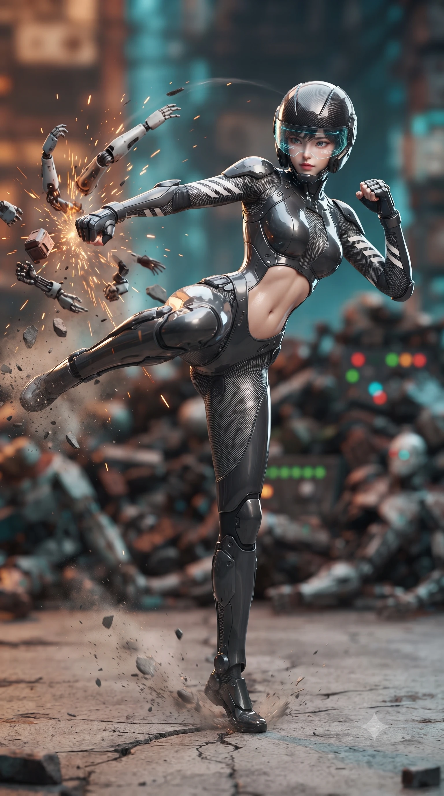 score_9, masterpiece, best quality, ultra-detailed, high-budget anime keyframe, editorial fashion photography, tasteful artistic composition, Korean woman. low angle full-body shot from head to toe showing her feet, filling the entire 9:16 vertical frame with her statuesque presence, stretching her vertical silhouette. pivoting dynamically in a high-speed low sweep kick along the cracked concrete, her athletic torso and ultra-slim waist twisting in a fluid arc of power while delivering a downward kinetic hammer fist that sends discarded mechanical limbs flying in a radial arc of sparks. The composition keeps background elements in soft focus with creamy bokeh. mountains of rusted android parts and blinking indicator lights blurred into rich amber, turquoise, and rust bokeh. She has an absolutely perfect, statuesque 8.5-heads proportion, an exceptionally tall and slender model-like female figure with impossibly long slender legs, a toned flat midriff, and an ultra-slim waist. sharp v-shaped jawline, high-bridge nose, intricate jewel-like eyes with depth, thick eyelashes, glossy lips with a natural sheen, fierce and resolute heroine expression, flawlessly proportioned anatomical accuracy, strict slender model proportions, natural body alignment, perfectly sculpted long slender limbs, ultra-slim waistline, clean dynamic posture without body distortion. wearing an open-face aerodynamic carbon-fiber combat helmet with a retracted transparent holographic HUD visor framing her sharp jawline and jewel-like eyes, paired with an ultra-sleek high-gloss carbon-composite exoskeleton suit featuring kinetic shock-absorbing shin guards and flexible limb articulation joints in storm-grey carbon mesh with high-contrast white hazard stripes, made of lightweight aerodynamic carbon-titanium alloy with precision-beveled armor seams, detailed with kinetic shock-dampening knuckle guards and polished chrome connection joints, the precision-cut daring openings accentuating her delicate midriff, graceful bare collarbones, and ultra-slim feminine waistline. illuminated by crisp specular highlights tracing her sculpted flat midriff, bare spine, and slender limbs. ultra-reflective glossy finish, specular highlights, dark metallic sheen, high-contrast stereoscopic depth, volumetric dynamic lighting, 2k, ultra detail, master piece, 9:16 ratio