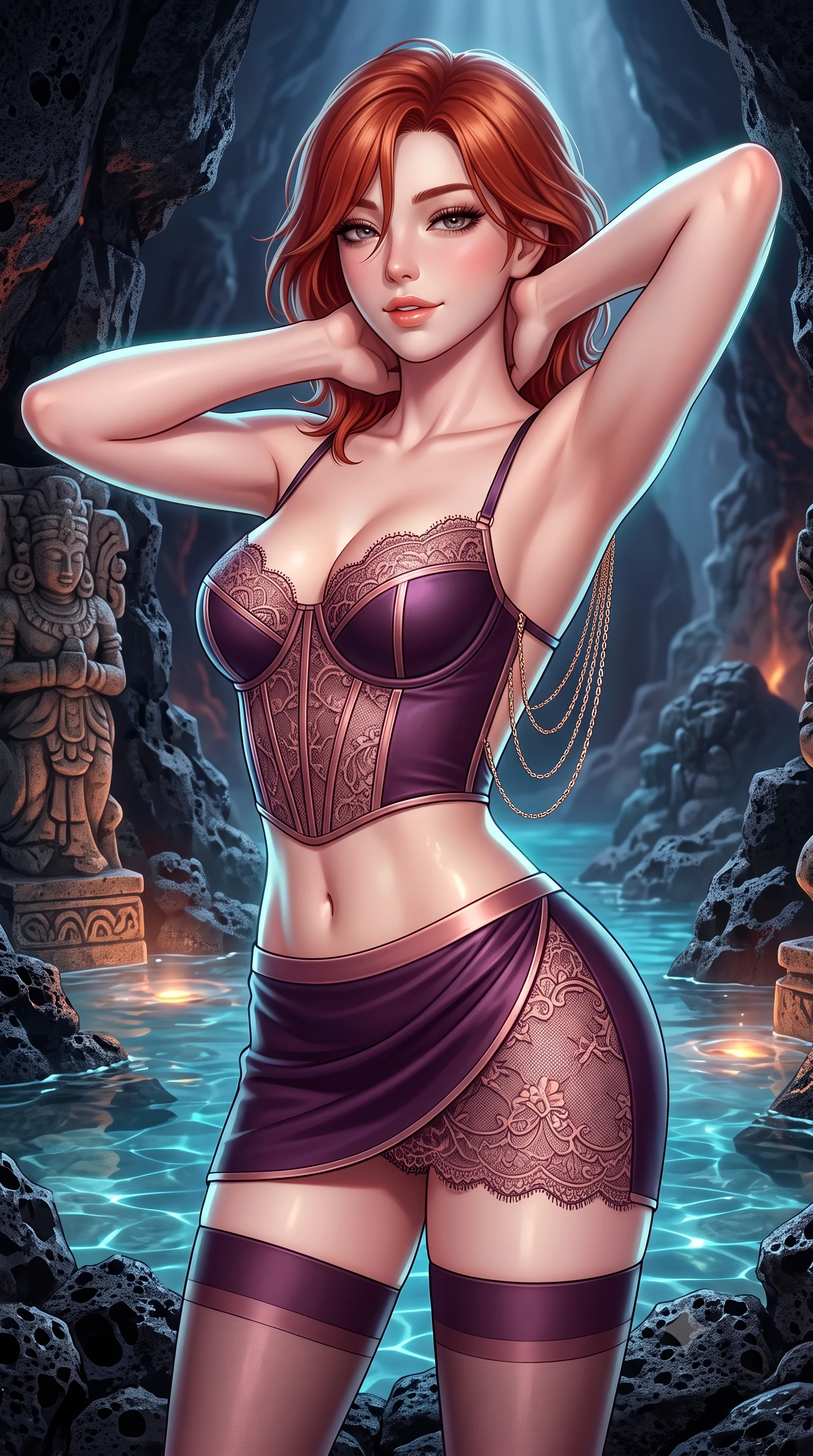 score_9, masterpiece, best quality, ultra-detailed, high-budget anime keyframe, semi-realistic 3D game render, editorial fashion photography, tasteful artistic composition, Korean woman. close-up cowboy shot from the waist and thighs up, the character dominates the composition, filling the frame with her large presence. resting both hands lightly behind her neck with elbows raised, arching her spine to highlight her narrow waist, flat midriff, and breathtaking collarbones while twisting her slender torso in an alluring S-curve, glowing submerged thermal lights and moonbeams tracing her flat midriff and curvy hips. The surrounding environment is rendered in vivid detail and crisp panoramic clarity: sharp porous black volcanic basalt stone textures, carved stone statue details, and crystal-clear spring water clarity in deep focus. She has an exceptionally elegant, slender, and willowy female figure with an ultra-slim waist, flat toned midriff, narrow ribcage, and sculpted feminine hips creating an alluring, slim hourglass silhouette without bulk. sharp v-shaped jawline, high-bridge nose, sparkling eyes with hypnotic seductive depth, thick curled eyelashes, glossy parted lips with a natural dewy peach sheen, alluring bedroom-eyes with an enchanting coquettish smile, exuding magnetic siren charisma and sophisticated glamour, flawlessly proportioned anatomical accuracy, strict slender model proportions, natural body alignment, perfectly sculpted long slender limbs, ultra-slim waistline, clean dynamic posture without body distortion. wearing a structured boned leatherette corset bodice paired with an ultra-short micro-wrap mini skirt and sheer thigh-high stockings in deep plum violet and rose gold, made of delicate semi-sheer French Chantilly lace with intricate eyelash edges, accented with an open-back drape framed by falling strands of delicate gold chains, the liquid-tight tailored fabric clinging flawlessly to her narrow waist and rounded feminine hips, emphasizing every millimeter of her sculpted slim hourglass curves without any bulky heaviness. illuminated by spring water specular reflections and sharp platinum-turquoise rim lights sculpting her jawline, flat midriff, and curvy hips. highly saturated vibrant anime colors, detailed shading with soft gradients, rich glossy textures, high-contrast stereoscopic depth, volumetric dynamic lighting, master piece, 9:16 ratio