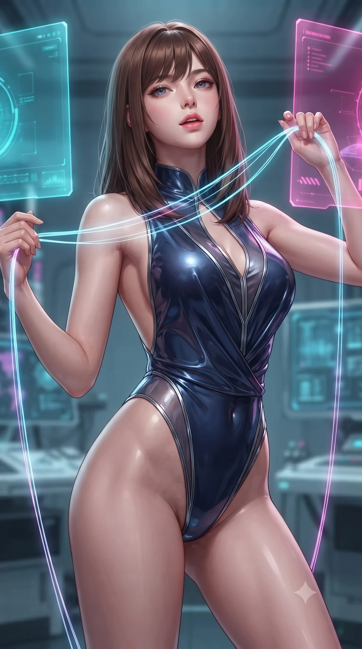 score_9, masterpiece, best quality, ultra-detailed, high-budget anime keyframe, editorial fashion photography, tasteful artistic composition, Korean woman. close-up cowboy shot from the waist and thighs up, the character dominates the composition, filling the frame with her large presence, background elements kept in soft focus. Tilting her chin up slightly with lips parted in a magnetic, composed expression threading neon fiber-optic ribbons in a futuristic laboratory room, translucent cyan and magenta holographic panels hovering seamlessly. She has an exceptionally elegant, slender, and willowy female figure with an ultra-slim waist, a gracefully sculpted slender torso, and a refined silhouette. sharp v-shaped jawline, high-bridge nose, intricate jewel-like eyes with depth, thick eyelashes, glossy lips with a natural sheen. wearing a high-cut translucent vinyl leotard with front paneling and open back in midnight navy blue and chrome trim, crafted from lustrous satin jersey with fluid draping, accented with a Tasteful chest slit framing her clavicle gracefully, the elegant draped fit framing her graceful clavicle and slender torso. surrounded by a crisp high-tech illumination highlighting every sleek curve. ultra-reflective glossy finish, specular highlights, metallic sheen, high-contrast stereoscopic depth, volumetric dynamic lighting, 2k, ultra detail, master piece, 9:16 ratio