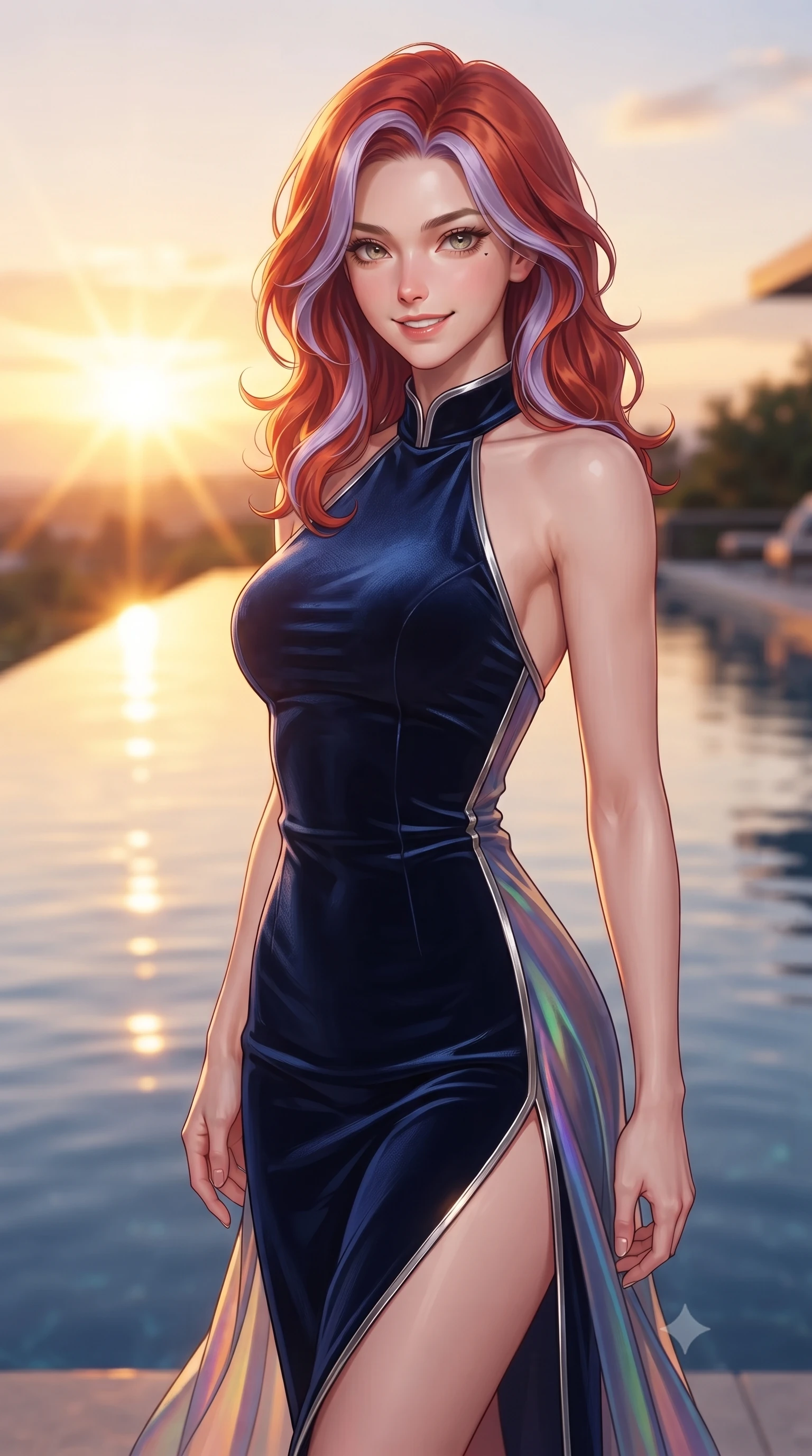 score_9, masterpiece, best quality, ultra-detailed, high-budget anime keyframe, editorial fashion photography, tasteful artistic composition, Caucasian woman. close-up cowboy shot from the waist and thighs up, the character dominates the composition, filling the frame with her large presence, background elements kept in soft focus. Smiling with quiet, magnetic self-assurance directly into the lens poised beside an infinity reflecting pool mirroring a warm sunset sky, golden hour sunbursts creating a majestic rim lighting effect. She has an exceptionally elegant, slender, and willowy female figure with an ultra-slim waist, a gracefully sculpted slender torso, and a refined silhouette. sharp v-shaped jawline, high-bridge nose, intricate jewel-like eyes with depth, thick eyelashes, glossy lips with a natural sheen. wearing a velvet halter-neck midi dress following her form like a glove in midnight navy blue and chrome trim, crafted from iridescent chiffon that shifts colors in the light, finished with a sleek side slit ascending to mid-thigh, the tailored fabric tightly following every curve of her athletic build. surrounded by a bright, luxurious aura of warm sunshine and sky reflections. highly saturated vibrant anime colors, detailed shading with soft gradients, rich glossy textures, high-contrast stereoscopic depth, volumetric dynamic lighting, master piece, 9:16 ratio