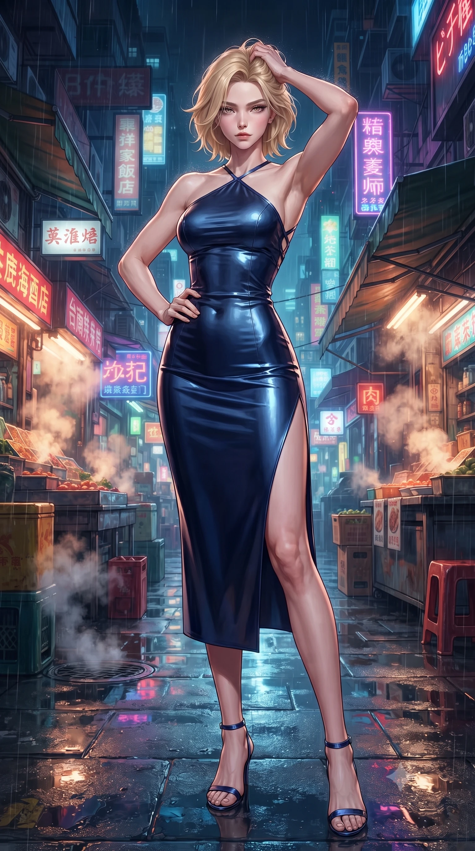 score_9, masterpiece, best quality, ultra-detailed, high-budget anime keyframe, editorial fashion photography, tasteful artistic composition, Caucasian woman. low angle full-body shot from head to toe showing her feet, filling the entire 9:16 vertical frame with her statuesque presence, stretching her vertical silhouette. posing confidently with one hand on her hip, stretching her statuesque body to emphasize her curves the background shows a soft-focus a rain-drenched cybernetic street market with glowing stall signs and steamy vents. She has an absolutely perfect, statuesque 8.5-heads proportion, an exceptionally tall and slender model-like female figure with impossibly long slender legs and an ultra-slim waist. sharp v-shaped jawline, high-bridge nose, intricate jewel-like eyes with depth, thick eyelashes, glossy lips with a natural sheen. wearing a slim-fit form-fitting halter dress in deep navy blue, contouring her athletic, slender build. dappled warm steam glow contrasting with deep blue shadow lighting. ultra-reflective glossy finish, specular highlights, metallic sheen, high-contrast stereoscopic depth, volumetric dynamic lighting, 2k, ultra detail, master piece, 9:16 ratio