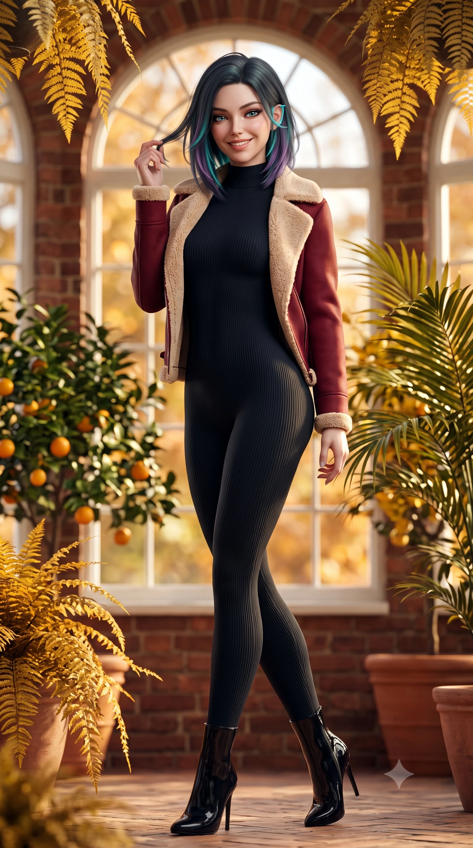 score_9, masterpiece, best quality, ultra-detailed, high-budget anime keyframe, semi-realistic 3D game render, editorial fashion photography, tasteful artistic composition, Caucasian woman. close-up cowboy shot from the waist and thighs up, the character dominates the composition, filling the frame with her large presence. twisting her slender torso in an alluring contrapposto stance, one hand toying with her hair while her gaze radiates magnetic charm while standing amidst potted citrus trees and cascading golden ferns inside the historic brick orangery, smiling warmly at the camera. The background shows a soft-focus arched multi-pane conservatory windows, lush potted palm fronds, and golden maple trees outside blurred into honey, terracotta, and olive bokeh. She has an exceptionally elegant, slender, and willowy female figure with an ultra-slim waist, flat toned midriff, narrow ribcage, and sculpted feminine hips creating an alluring, slim hourglass silhouette without bulk. sharp v-shaped jawline, high-bridge nose, intricate jewel-like sparkling eyes with depth, thick eyelashes, glossy parted lips with a natural peach sheen, bright cheerful beaming smile with an enchanting and coquettish sensual glint, exuding both youthful cute charm and seductive allure, flawlessly proportioned anatomical accuracy, strict slender model proportions, natural body alignment, perfectly sculpted long slender limbs, ultra-slim waistline, clean dynamic posture without body distortion. wearing an ultra-snug ribbed merino wool catsuit jumpsuit tracing her long slender limbs and narrow waist under an open shearling jacket in Kyoto autumn maple crimson and deep ink black, made of high-gauge compact silk knit that hugs her curves with seamless sculpted precision, complemented by sleek patent leather stiletto ankle boots accentuating her long slender calves, the glove-like clinging cut tightly following the natural contour of her hips and long slender legs with youthful 8.5-heads elegance. bathed in warm 3200K autumn sunlight streaming through floor-to-ceiling arched south-facing conservatory windows. highly saturated vibrant anime colors, detailed shading with soft gradients, rich glossy textures, high-contrast stereoscopic depth, volumetric dynamic lighting, master piece, 9:16 ratio