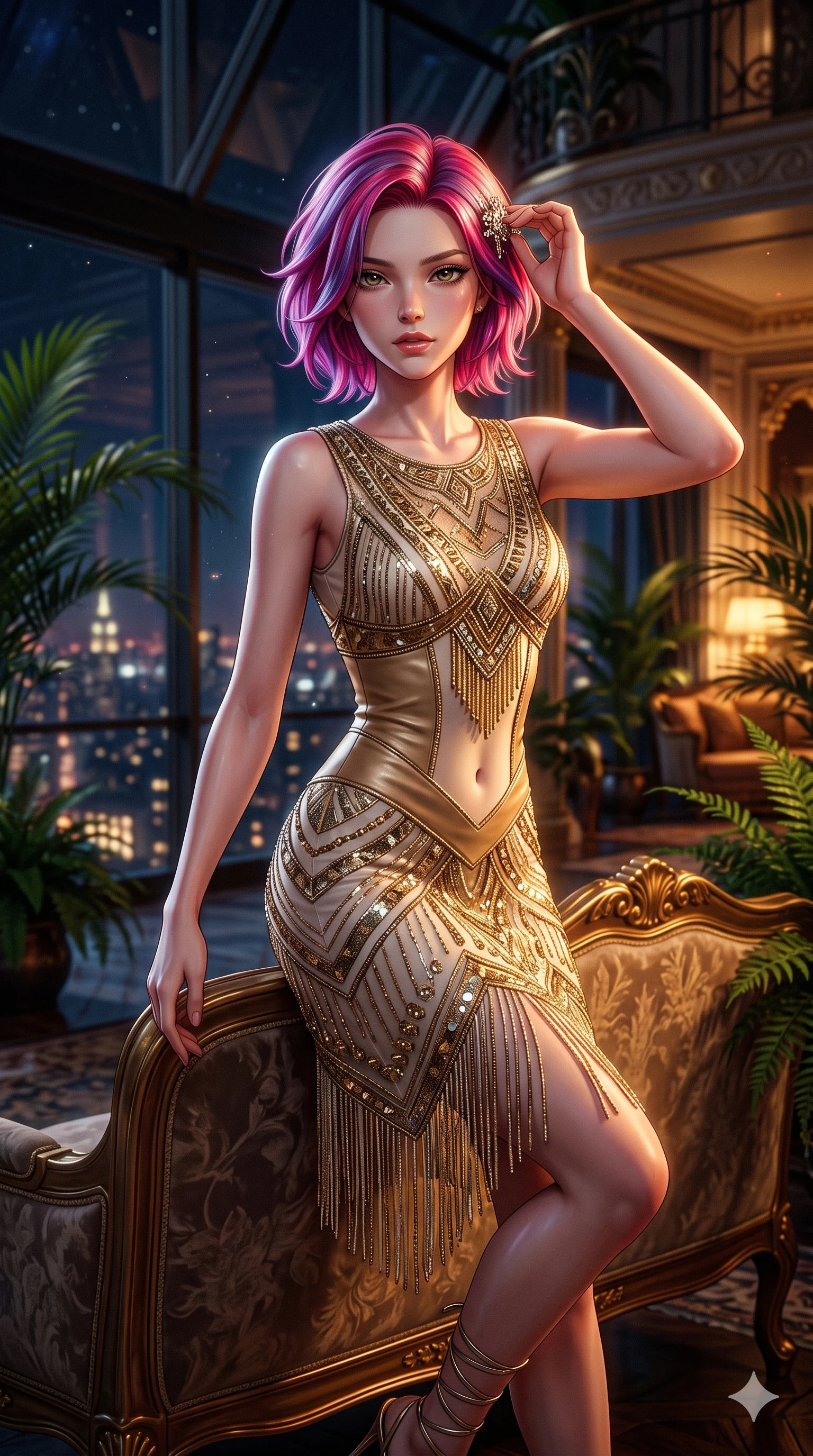 score_9, masterpiece, best quality, ultra-detailed, high-budget anime keyframe, semi-realistic 3D game render, editorial fashion photography, tasteful artistic composition, Caucasian woman. close-up cowboy shot from the waist and thighs up, the character dominates the composition, filling the frame with her large presence. perched sideways on the vintage settee, one knee drawn up to showcase her slender leg line while her arched back accentuates her feminine hip curve while standing poised at the solarium entrance, arching her lower back with sovereign supermodel grace while adjusting her jeweled hair clasp. The background shows a soft-focus exclusive high-stakes solarium atmosphere softened in private penthouse lounge shallow focus. She has an exceptionally elegant, slender, and willowy female figure with an ultra-slim waist, flat toned midriff, narrow ribcage, and sculpted feminine hips creating an alluring, slim hourglass silhouette without bulk. sharp v-shaped jawline, high-bridge nose, intricate jewel-like sparkling eyes with depth, thick eyelashes, glossy parted lips with a natural sheen, intensely captivating and seductive bedroom-eyes expression, exuding both youthful cute charm and sovereign luxury allure, flawlessly proportioned anatomical accuracy, strict slender model proportions, natural body alignment, perfectly sculpted long slender limbs, ultra-slim waistline, clean dynamic posture without body distortion. wearing a sheer vintage mesh flapper dress adorned with intricate geometric beadwork over an opaque silk micro-slip in Istrian stone cream and antique gold-leaf, woven from buttery-soft stretch lambskin leather adhering to her body like a second skin, complemented by strappy stiletto sandals with metallic ankle wraps accentuating her slender calves, the form-contouring material adhering flawlessly to her sculpted flat midriff and slender torso, emphasizing her long leg lines and perfectly proportioned willowy build. bathed in low-key, high-contrast chiaroscuro lighting with narrow amber and gold spotlights on the table. highly saturated vibrant anime colors, detailed shading with soft gradients, rich glossy textures, high-contrast stereoscopic depth, volumetric dynamic lighting, master piece, 9:16 ratio