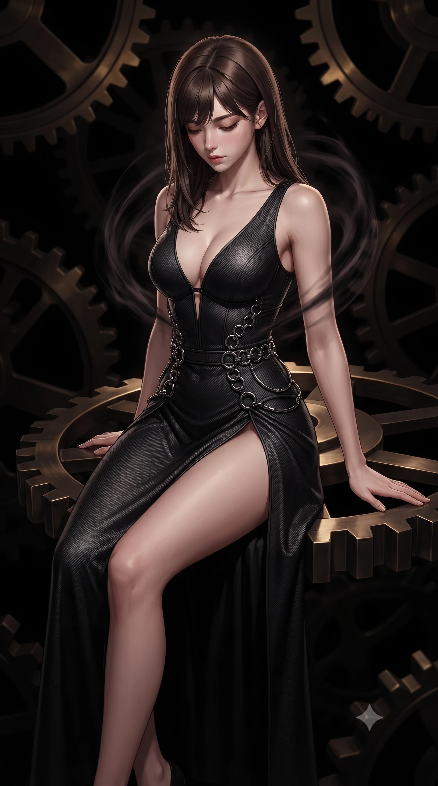 score_9, masterpiece, best quality, ultra-detailed, high-budget anime keyframe, editorial fashion photography, tasteful artistic composition, Korean woman. close-up cowboy shot from the waist and thighs up, the character dominates the composition, filling the frame with her large presence, background elements kept in soft focus. Looking down with lowered lashes and a composed, powerful dark aura, poised on a massive dark brass gear suspended over a pitch-black clockwork void, shadowy gear teeth rotating slowly in the dark background. She has an exceptionally elegant, slender, and willowy female figure with an ultra-slim waist, a gracefully sculpted slender torso, and a refined silhouette. sharp v-shaped jawline, high-bridge nose, intricate jewel-like eyes with depth, thick eyelashes, glossy lips with a natural sheen. wearing low-cut gothic structured bodice gown with high leg slit in obsidian black, made of matte carbon-fiber weave, trimmed with dark chrome ring hardware along the waist contours, sculpting her athletic slender build with refined precision. bathed in warm brass highlights contrasting against pitch-black clockwork shadows. highly saturated vibrant anime colors, detailed shading with soft gradients, rich glossy textures, high-contrast stereoscopic depth, volumetric dynamic lighting, master piece, 9:16 ratio