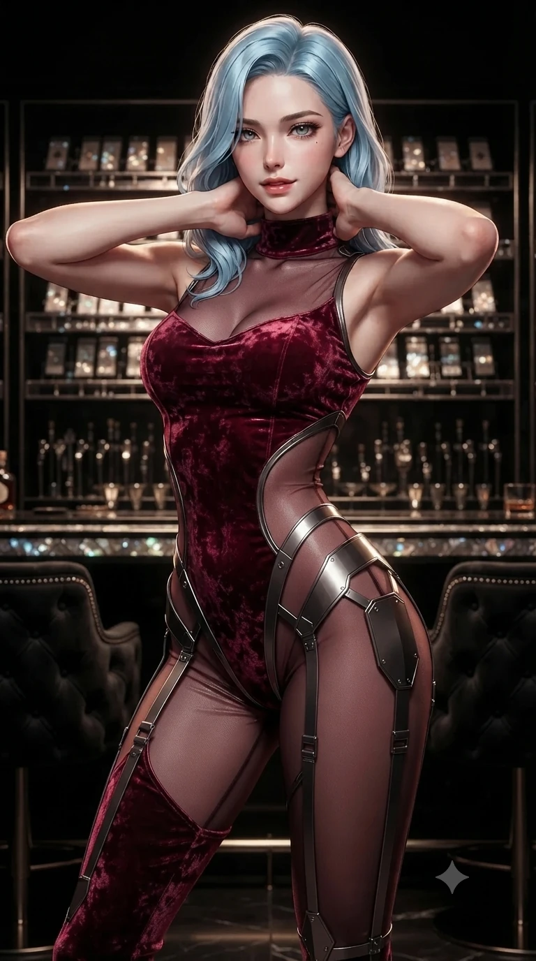 score_9, masterpiece, best quality, ultra-detailed, high-budget anime keyframe, editorial fashion photography, tasteful artistic composition, Korean woman. close-up cowboy shot from the waist and thighs up, the character dominates the composition, filling the frame with her large presence. resting both hands lightly behind her neck with elbows raised, arching her spine to highlight her narrow waist and flat midriff while twisting her slender torso in an alluring contrapposto stance beside the titanium chip rack, warm amber pin-spots tracing her flat midriff and hips. The surrounding environment is rendered in vivid detail and crisp panoramic clarity: sharp card shoe titanium mechanisms, mother-of-pearl casino chip inlays, and tufted black velvet salon chairs in deep focus. She has an exceptionally elegant, slender, and willowy female figure with an ultra-slim waist, flat toned midriff, narrow ribcage, and sculpted feminine hips creating an alluring, slim hourglass silhouette without bulk. sharp v-shaped jawline, high-bridge nose, intricate jewel-like dark sparkling eyes with hypnotic seductive depth, thick curled eyelashes, glossy parted lips with a natural wine sheen, alluring bedroom-eyes with an enigmatic smoldering smile, exuding magnetic sovereign charisma and dark avant-garde glamour, flawlessly proportioned anatomical accuracy, strict slender model proportions, natural body alignment, perfectly sculpted long slender limbs, ultra-slim waistline, clean dynamic posture without body distortion. wearing a delicate semi-translucent wet-look mesh bodysuit clinging sheerly to her sculpted torso and hip curves in crimson laser red and cold midnight shadow tones, tailored from crushed dark velvet with deep light-absorbing plush texture, highlighted by a gunmetal metallic harness structure, the glove-like silhouette tightly following the natural contour of her hips and long slender legs with youthful 8.5-heads elegance. bathed in warm, focused pin-spot lighting over the black gaming tables contrasted with pitch-black intimate lounge shadows. ultra-reflective glossy finish, specular highlights, metallic sheen, high-contrast stereoscopic depth, volumetric dynamic lighting, 2k, ultra detail, master piece, 9:16 ratio