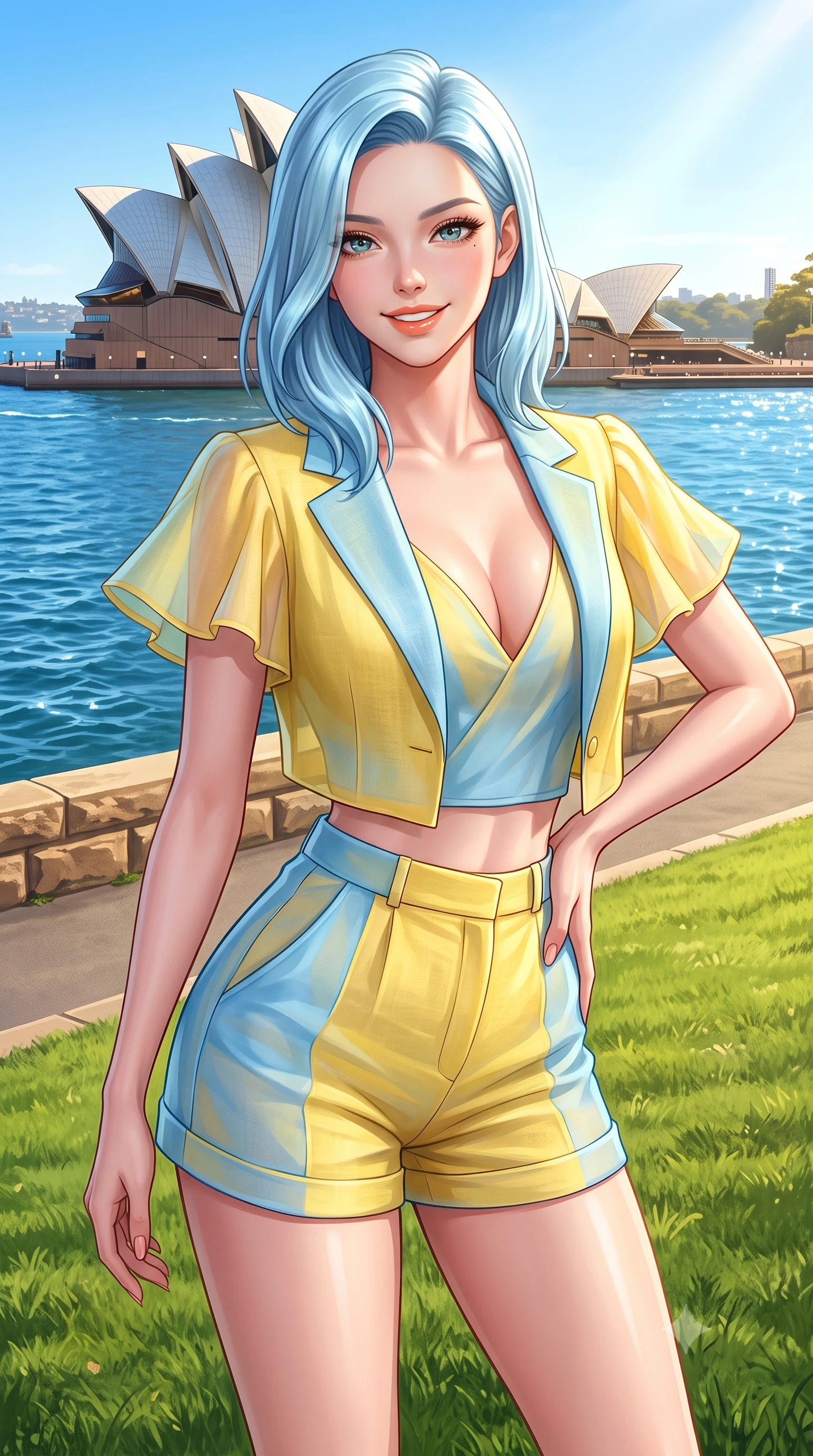 score_9, masterpiece, best quality, ultra-detailed, high-budget anime keyframe, semi-realistic 3D game render, editorial fashion photography, tasteful artistic composition, Korean woman. close-up cowboy shot from the waist and thighs up, the character dominates the composition, filling the frame with her large presence. tilting her head with a cute beaming smile while arching her spine with effortless dancer poise, one hand sliding along her hip line in a flirtatious S-curve while standing on the sloping green lawn directly overlooking the sparkling blue harbour, arching her back with an infectious, sun-kissed smile. The surrounding environment is rendered in vivid detail and crisp panoramic clarity. sharp sandstone seawall textures, Opera House ceramic tile clarity, and harbour water ripple caustics in deep focus. She has an exceptionally elegant, slender, and willowy female figure with an ultra-slim waist, flat toned midriff, narrow ribcage, and sculpted feminine hips creating an alluring, slim hourglass silhouette without bulk. sharp v-shaped jawline, high-bridge nose, intricate jewel-like sparkling eyes with depth, thick eyelashes, glossy parted lips with a natural peach sheen, bright cheerful beaming smile with an enchanting and coquettish sensual glint, exuding both youthful cute charm and seductive allure, flawlessly proportioned anatomical accuracy, strict slender model proportions, natural body alignment, perfectly sculpted long slender limbs, ultra-slim waistline, clean dynamic posture without body distortion. wearing a chic cropped linen blazer worn with a plunging-V camisole and high-waisted tailored hot-pants showcasing her long slender legs in sunny daffodil yellow and clear sky blue, woven from layered gossamer organza with weightless flutter, featuring elegant flutter sleeves and a graceful square neckline, the glove-like silhouette tightly following the natural contour of her hips and long slender legs with youthful 8.5-heads elegance. bathed in brilliant Australian golden afternoon sunlight and radiant sapphire water bounce fill. highly saturated vibrant anime colors, detailed shading with soft gradients, rich glossy textures, high-contrast stereoscopic depth, volumetric dynamic lighting, master piece, 9:16 ratio