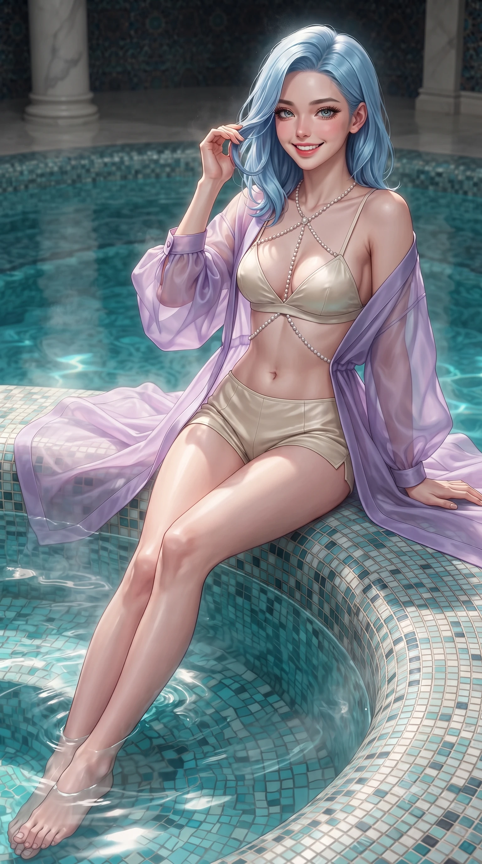 score_9, masterpiece, best quality, ultra-detailed, high-budget anime keyframe, editorial fashion photography, tasteful artistic composition, Korean woman. close-up cowboy shot from the waist and thighs up, the character dominates the composition, filling the frame with her large presence. gently brushing a lock of hair behind her ear while casting a playful, flirtatious side-gaze with long eyelashes while lounging in the steaming water propped on the curved mosaic rim with legs extended, her statuesque 8.5-heads silhouette commanding the sanctuary. The surrounding environment is rendered in vivid detail and crisp panoramic clarity: detailed garment folds, intricate lace or tailored seams, and master Viennese tilework in razor-sharp precision. She has an exceptionally elegant, slender, and willowy female figure with an ultra-slim waist, flat toned midriff, narrow ribcage, and sculpted feminine hips creating an alluring, slim hourglass silhouette without bulk. sharp v-shaped jawline, high-bridge nose, intricate jewel-like sparkling eyes with depth, thick eyelashes, glossy parted lips with a natural peach sheen, bright cheerful beaming smile with an enchanting and coquettish sensual glint, exuding both youthful cute charm and seductive allure, flawlessly proportioned anatomical accuracy, strict slender model proportions, natural body alignment, perfectly sculpted long slender limbs, ultra-slim waistline, clean dynamic posture without body distortion. wearing a sheer silk organza modern caftan robe worn loose and slipping off bare shoulders over a matching satin bralette and micro-shorts in Luberon lavender purple and Provençal limestone cream, woven from buttery-soft stretch lambskin leather adhering to her body like a second skin, accented with a pearl-drop body harness subtly framing her dewy collarbones and spine, the precision-cut side openings and low-back scoop framing her graceful spine and the sensual sweep of her slim, toned hips. illuminated by water surface reflection bounce and sharp platinum-cyan rim lights sculpting her jawline, narrow waist, and curvy hips. ultra-reflective glossy finish, specular highlights, rich textural contrasts, high-contrast stereoscopic depth, volumetric dynamic lighting, 2k, ultra detail, master piece, 9:16 ratio