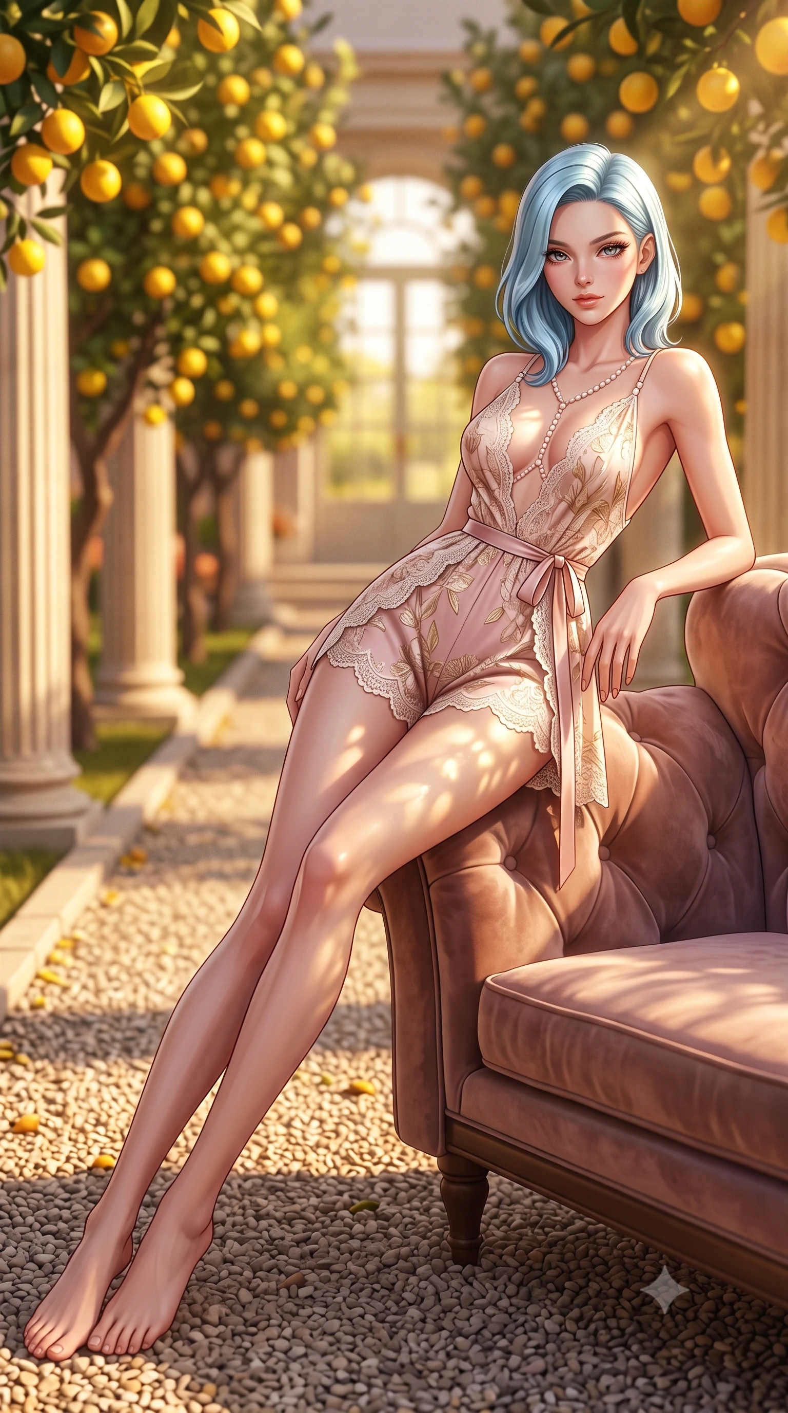 score_9, masterpiece, best quality, ultra-detailed, high-budget anime keyframe, semi-realistic 3D game render, editorial fashion photography, tasteful artistic composition, Korean woman. low angle full-body shot from head to toe showing her feet, filling the entire 9:16 vertical frame with her statuesque presence, stretching her vertical silhouette. reclining gracefully across the plush chaise lounge with one leg extended, her sculpted silhouette and flat midriff radiating magnetic nocturnal glamour while twisting her slender torso in an alluring contrapposto stance, golden sunlight filtering through citrus branches onto her flat midriff and hips. The background shows a soft-focus rows of blooming citrus trees with golden fruit, classical limestone pillars, and gravel paths blurred into lemon yellow, terracotta, and olive bokeh. She has an absolutely perfect, statuesque 8.5-heads proportion, an exceptionally tall and slender model-like female figure with impossibly long slender legs, an ultra-slim waist, a flat toned midriff, narrow delicate ribcage, and beautifully sculpted feminine hips creating a graceful, slim hourglass silhouette without any bulky heaviness. sharp v-shaped jawline, high-bridge nose, sparkling eyes with hypnotic seductive depth, thick curled eyelashes, glossy parted lips with a natural dewy peach sheen, alluring bedroom-eyes with an enchanting coquettish smile, exuding magnetic siren charisma and sophisticated glamour, flawlessly proportioned anatomical accuracy, strict slender model proportions, natural body alignment, perfectly sculpted long slender limbs, ultra-slim waistline, clean dynamic posture without body distortion. wearing a deep V-neck botanical romper with scalloped eyelash-lace hems and a cinched satin ribbon tracing her narrow waist in delicate blush peony pink and antique white lace with gold leaf, woven from buttery-soft stretch lambskin leather adhering to her body like a second skin, finished with a pearl-drop body harness subtly framing her dewy collarbones and spine, the high-slit wrap tailoring accentuating her ultra-slim waistline and the enchanting curve of her feminine hips with alluring seductive charm. bathed in warm golden late afternoon sunlight flooding through southern-facing glass doors. highly saturated vibrant anime colors, detailed shading with soft gradients, rich glossy textures, high-contrast stereoscopic depth, volumetric dynamic lighting, master piece, 9:16 ratio