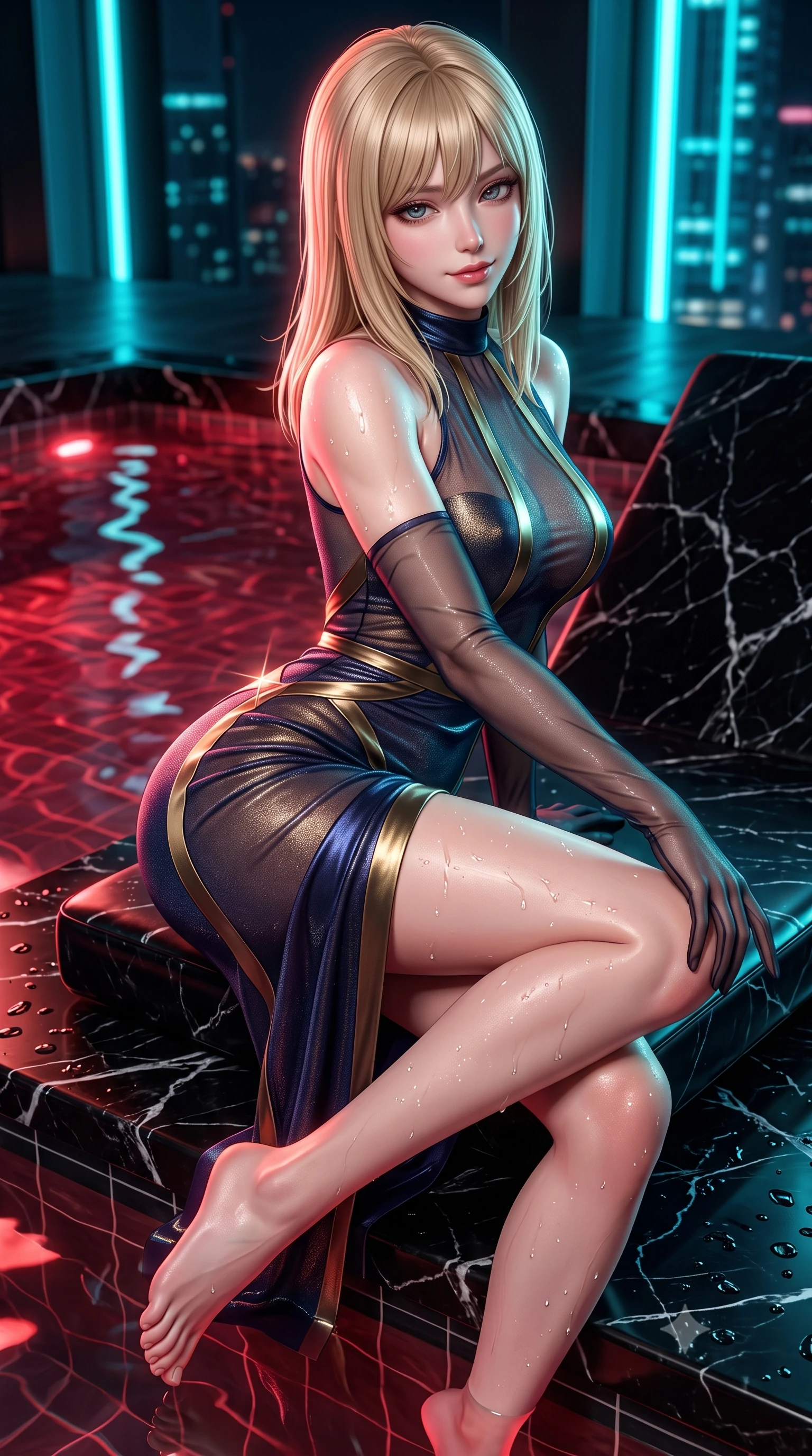 score_9, masterpiece, best quality, ultra-detailed, high-budget anime keyframe, semi-realistic 3D game render, editorial fashion photography, tasteful artistic composition, Japanese woman. close-up cowboy shot from the waist and thighs up, the character dominates the composition, filling the frame with her large presence. perched sideways on the lounge seat, one knee drawn up to showcase her slender leg line while her arched back accentuates her feminine hip curve while twisting her slender torso in an alluring S-curve at the water's edge, glowing underwater crimson lamps and neon city reflections tracing her curves. The surrounding environment is rendered in vivid detail and crisp panoramic clarity: sharp white calcite veins in black Marquina marble, glistening water droplets on toned dewy skin, and clear pool coping edge in deep focus. She has an exceptionally elegant, slender, and willowy female figure with an ultra-slim waist, flat toned midriff, narrow ribcage, and sculpted feminine hips creating an alluring, slim hourglass silhouette without bulk. sharp v-shaped jawline, high-bridge nose, sparkling eyes with hypnotic seductive depth, thick curled eyelashes, glossy parted lips with a natural dewy peach sheen, alluring bedroom-eyes with an enchanting coquettish smile, exuding magnetic siren charisma and sophisticated glamour, flawlessly proportioned anatomical accuracy, strict slender model proportions, natural body alignment, perfectly sculpted long slender limbs, ultra-slim waistline, clean dynamic posture without body distortion. wearing a provocative high-neck sheer illusion cocktail dress with liquid satin ribbons contouring her curves in Austrian opera midnight indigo and antique brass, woven from stretch metallic lurex jersey casting radiant starlight glints across her silhouette, complemented by sheer opera-length evening gloves tracing her slender arms, the form-contouring silhouette accentuating her sculpted flat midriff, narrow delicate ribcage, and gracefully curvy hips with intoxicating allure. bathed in warm underwater crimson pool illumination paired with cold neon cyan ambient skyline glow. highly saturated vibrant anime colors, detailed shading with soft gradients, rich glossy textures, high-contrast stereoscopic depth, volumetric dynamic lighting, master piece, 9:16 ratio