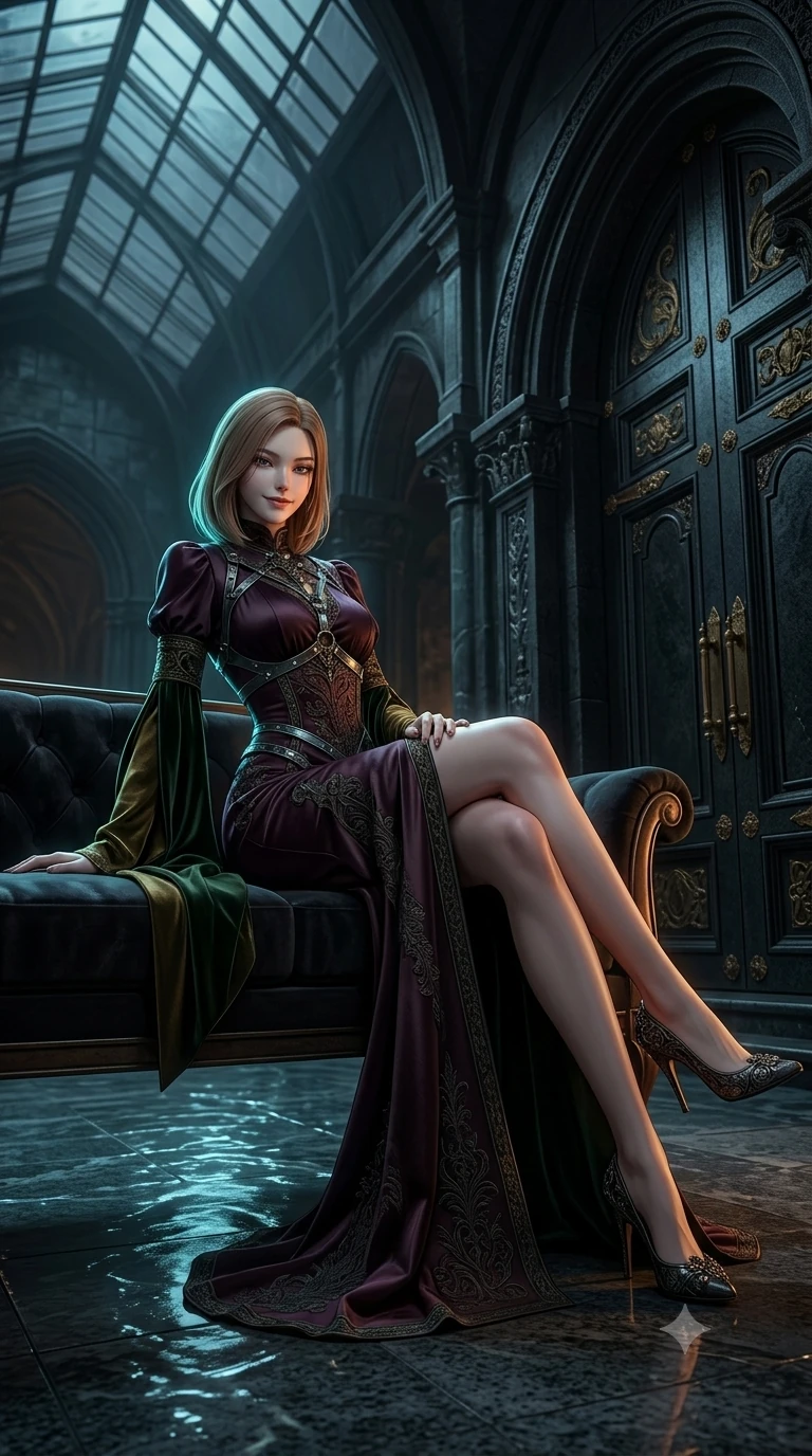 score_9, masterpiece, best quality, ultra-detailed, high-budget anime keyframe, semi-realistic 3D game render, editorial fashion photography, tasteful artistic composition, Korean woman. low angle full-body shot from head to toe showing her feet, filling the entire 9:16 vertical frame with her statuesque presence, stretching her vertical silhouette. reclining languidly across the dark velvet banquette with one knee bent and hips angled toward the camera while leaning against the monumental black granite crypt portal with hips cocked back, looking through dark wet eyelashes with an enchanting siren smile. The surrounding environment is rendered in vivid detail and crisp panoramic clarity: sharp structural glass ceiling beams, water caustics patterns on polished granite, and bronze door fittings in deep focus. She has an absolutely perfect, statuesque 8.5-heads proportion, an exceptionally tall and slender model-like female figure with impossibly long slender legs, an ultra-slim waist, a flat toned midriff, narrow delicate ribcage, and beautifully sculpted feminine hips creating a graceful, slim hourglass silhouette without any bulky heaviness. sharp v-shaped jawline, high-bridge nose, intricate jewel-like dark sparkling eyes with hypnotic seductive depth, thick curled eyelashes, glossy parted lips with a natural wine sheen, alluring bedroom-eyes with an enigmatic smoldering smile, exuding magnetic sovereign charisma and dark avant-garde glamour, flawlessly proportioned anatomical accuracy, strict slender model proportions, natural body alignment, perfectly sculpted long slender limbs, ultra-slim waistline, clean dynamic posture without body distortion. wearing a gothic high-collar dark plum silk evening gown with long bell sleeves in deep velvet forest green and antique brass, woven from bespoke high-density barathea wool with refined ceremonial hold, highlighted by a gunmetal metallic harness structure, the bespoke structured tailoring following the natural line of her 8.5-heads silhouette with refined elegance. illuminated by polished floor bounce and sharp cyan-amber rim lights defining her razor-sharp jawline, narrow waist, and curvy hips. highly saturated vibrant anime colors, detailed shading with soft gradients, rich glossy textures, high-contrast stereoscopic depth, volumetric dynamic lighting, master piece, 9:16 ratio