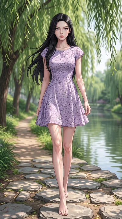 score_9, masterpiece, best quality, ultra-detailed, high-budget anime keyframe, editorial fashion photography, tasteful artistic composition, Korean woman woman. low angle full-body shot from head to toe showing her feet, filling the entire 9:16 vert