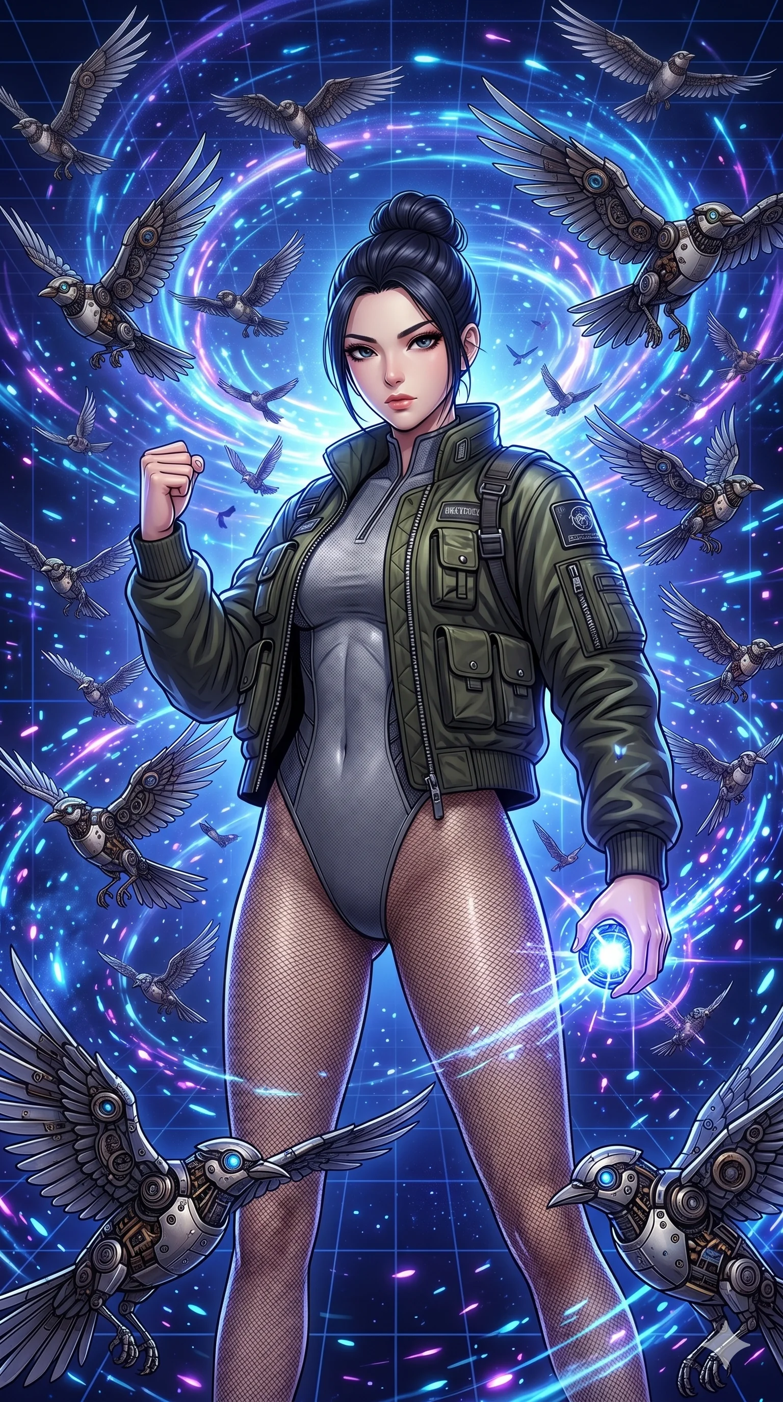 score_9, masterpiece, best quality, ultra-detailed, Set A: High-budget Anime Keyframe, Japanese woman. Low angle cowboy shot filling the entire 9:16 frame with her statuesque presence. Standing victoriously through a virtual reality void, surrounded by a whirlwind of 252 mechanical birds and surrounded by glowing energy sparks. She has an absolutely perfect 8-heads proportion, an exceptionally tall and slender female figure with impossibly long slender legs and an ultra-slim waist. Sharp v-shaped jawline, high-bridge nose, intricate jewel-like eyes with depth, thick eyelashes, glossy lips with a natural sheen. Wearing Heavy tactical bomber jacket worn over a micro-bodysuit with mesh stockings. Cinematic lighting, vibrant colors, dramatic shadows, 2k, ultra detail, master piece, 9:16 ratio