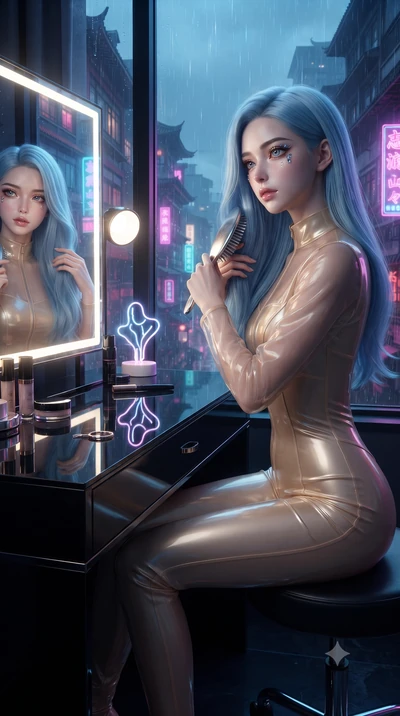 score_9, masterpiece, best quality, ultra-detailed, High-budget Anime Keyframe, editorial fashion photography, tasteful artistic composition, realistic cosplay photography, East Asian woman. Low angle cowboy shot filling the entire 9:16 frame with he