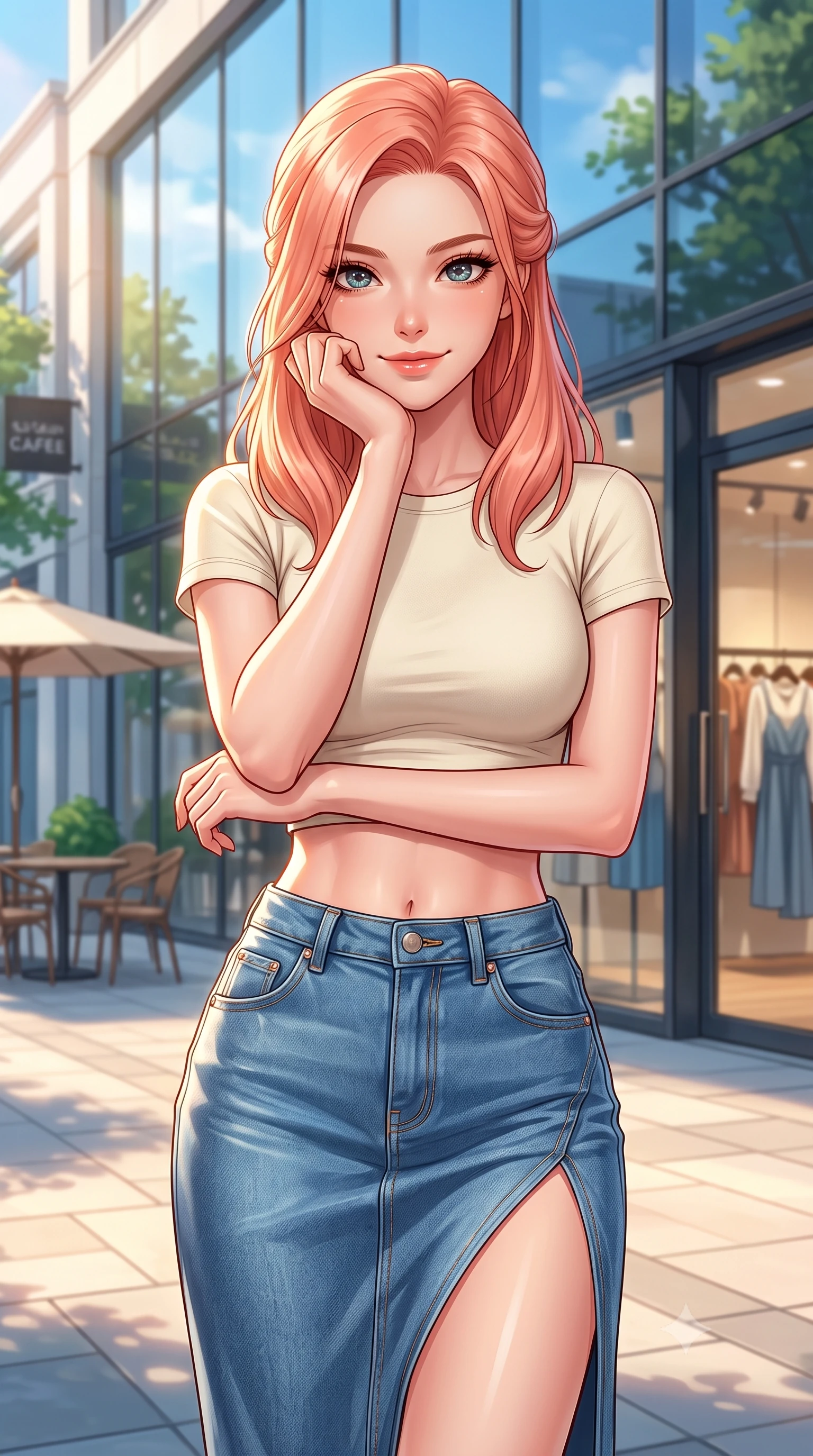score_9, masterpiece, best quality, ultra-detailed, high-budget anime keyframe, editorial fashion photography, tasteful artistic composition, Japanese woman. close-up cowboy shot from the waist and thighs up, the character dominates the composition, filling the frame with her large presence, background elements kept in soft focus. smiling cutely while resting her chin on her hand, looking directly into the lens set against a soft-focus background of in a trendy urban plaza filled with designer cafes and clothing boutiques with modern glass shop fronts reflecting the blue sky and trees. She has an exceptionally elegant, slender, and willowy female figure with an ultra-slim waist, a gracefully sculpted slender torso, and a refined silhouette. sharp v-shaped jawline, high-bridge nose, intricate jewel-like eyes with depth, thick eyelashes, glossy lips with a natural sheen. wearing tailored modern crop top tee in cream, paired with a high-slit denim midi skirt. soft morning sun rays painting the street in a fresh, energetic gold tone. highly saturated vibrant anime colors, detailed shading with soft gradients, rich glossy textures, high-contrast stereoscopic depth, volumetric dynamic lighting, master piece, 9:16 ratio