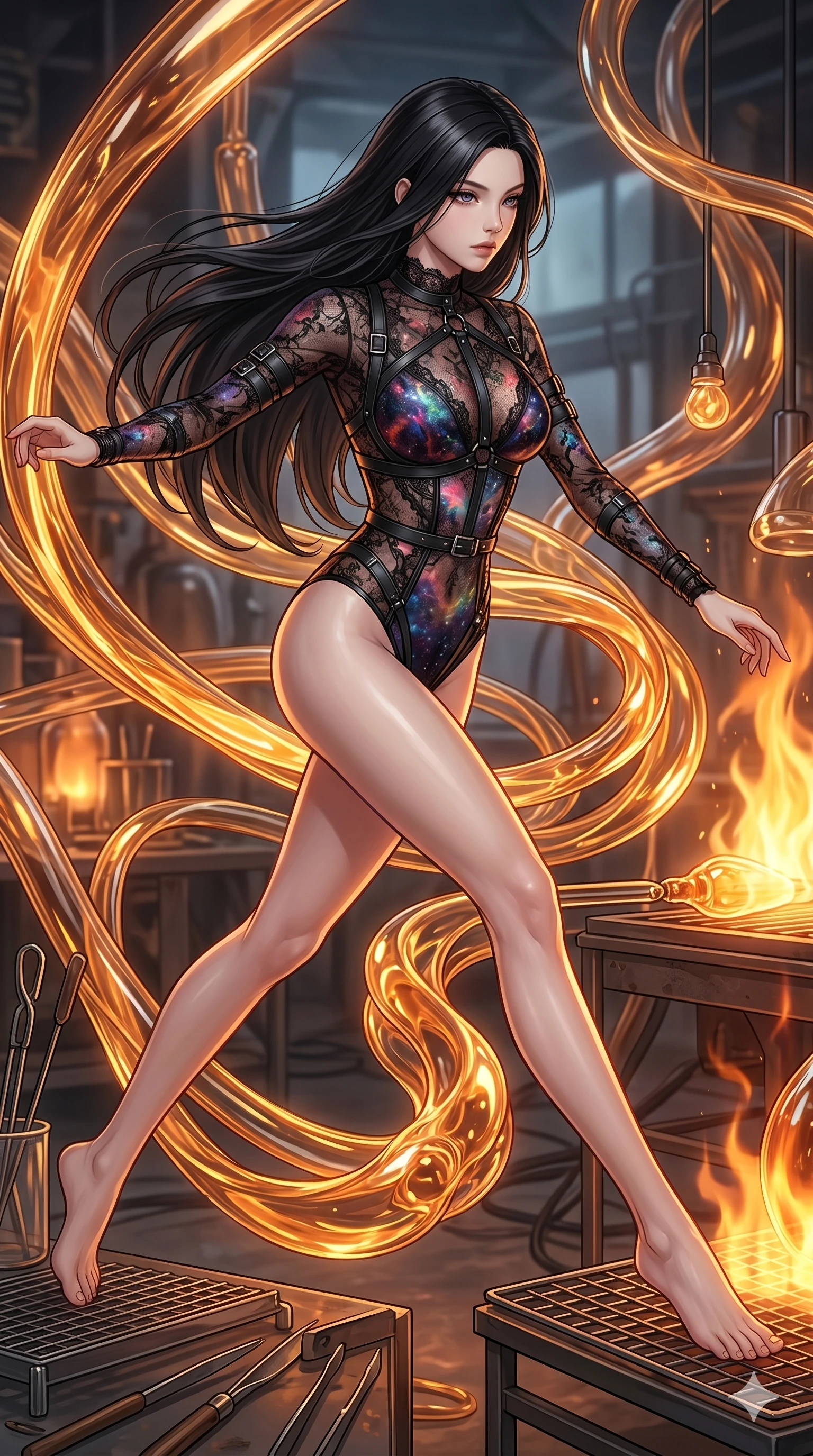 score_9, masterpiece, best quality, ultra-detailed, high-budget anime keyframe, Korean woman. upper body close-up from the thighs up, character filling the screen for maximum presence. bounding through a molten glass art studio where twisting, glowing amber glass tubes rotate like fluid rivers in a heated environment. She has an absolutely perfect 8-heads proportion, an exceptionally tall and slender female figure with impossibly long slender legs and an ultra-slim waist. V-shaped jawline, high-bridge nose, intricate jewel-like eyes with depth, thick eyelashes, glossy lips with a natural sheen.. wearing a gothic nebula lace bodysuit, featuring a sheer black lace bodysuit with cosmic nebula patterns, reinforced by matte leather straps. lit by a soft glowing ambient light and a sharp side key light that traces the sleek contours of her athletic build. 2k, ultra detail, master piece, 9:16 ratio