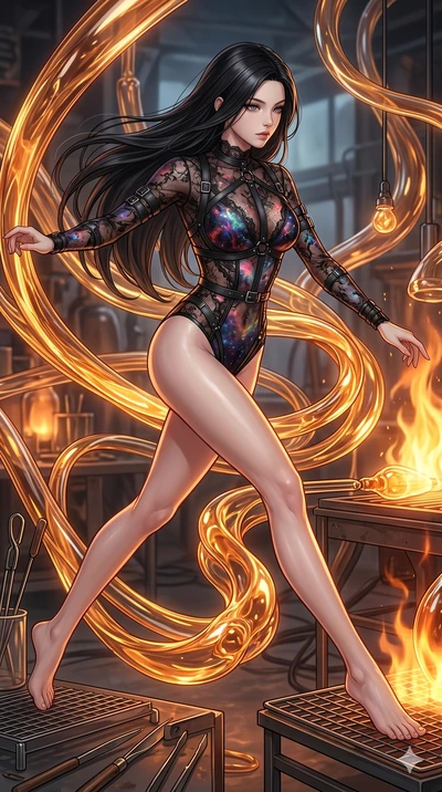 score_9, masterpiece, best quality, ultra-detailed, high-budget anime keyframe, Korean woman. upper body close-up from the thighs up, character filling the screen for maximum presence. bounding through a molten glass art studio where twisting, glowin