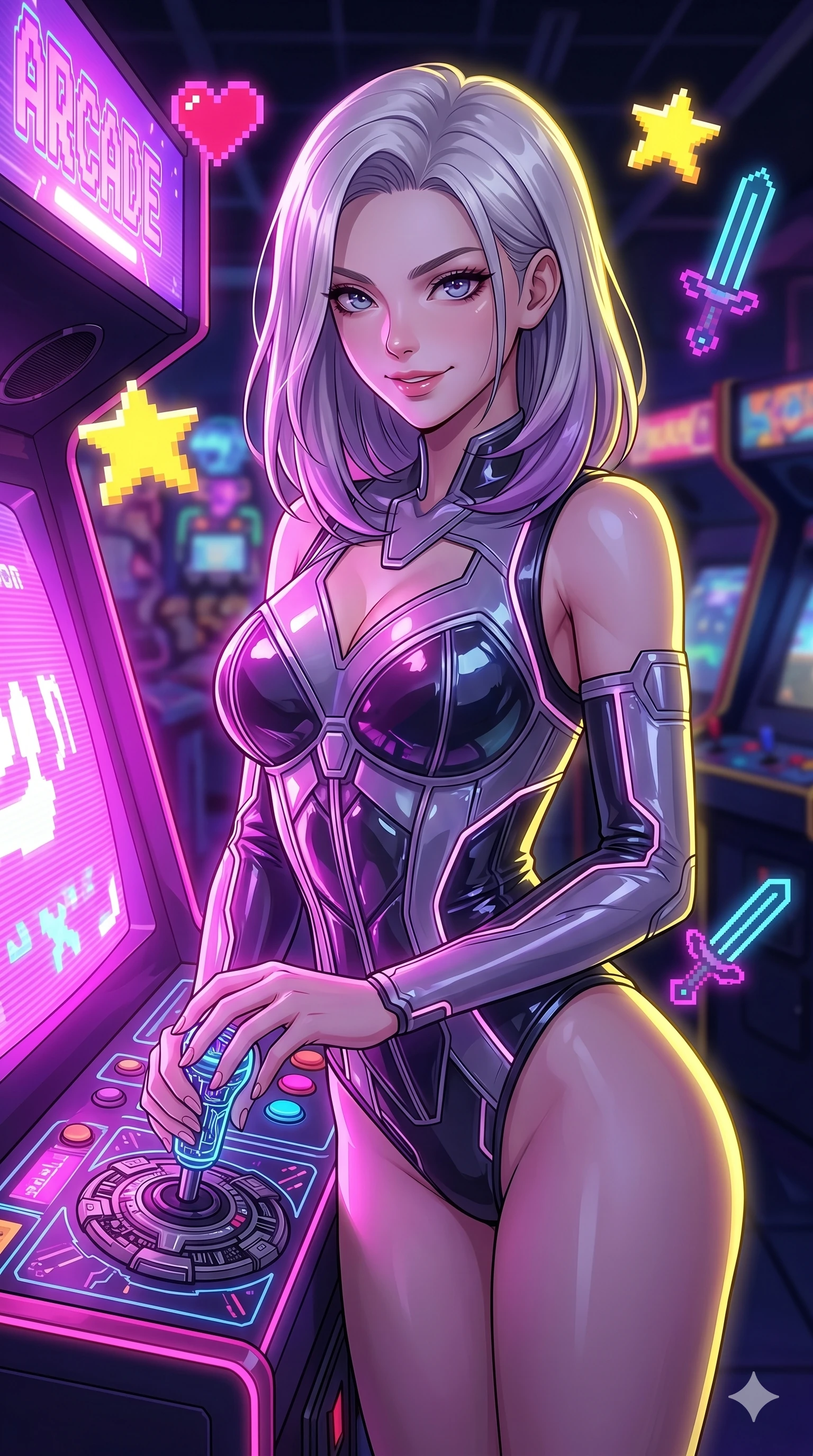 score_9, masterpiece, best quality, ultra-detailed, high-budget anime keyframe, Caucasian woman, strictly human ears. Upper body close-up from the thighs up, character filling the screen for maximum presence. She is leaning back against a glowing retro arcade cabinet, surrounded by floating pixelated neon icons. She holds a glowing joystick with a teasing, commanding smile. She has an absolutely perfect 8-heads proportion, a tall and elegant figure with a refined silhouette and a defined waistline. V-shaped jawline, high-bridge nose, intricate jewel-like eyes with depth, thick eyelashes, glossy lips with a natural sheen. She is wearing a structured cybernetic bodice in glossy vinyl panels, paired with detached sleeves and a refined V-neckline detailed with glowing piping. The scene is illuminated by bright pink and violet neon screen glare and a sharp yellow ambient rim light. 2k, ultra detail, master piece, 9:16 ratio